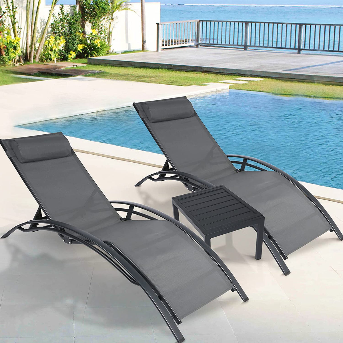 Set Of 2 Chaise Lounge Chair W Tea Table, Aluminum Patio Lounge Chair 