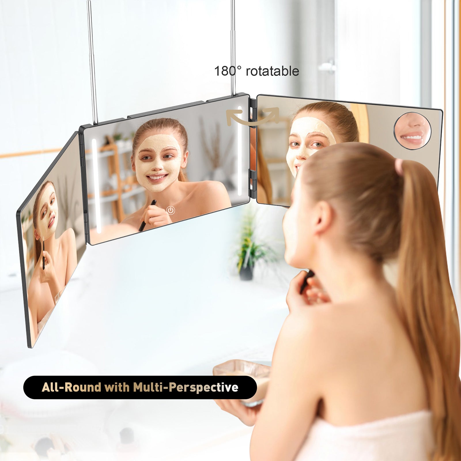 3 Way Mirror with LED Lights for Hair Cutting, 360 Degree Trifold Mirror with Height Adjustable Hooks - Bosonshop