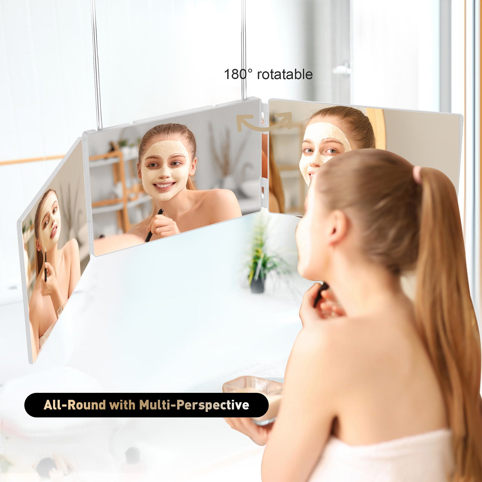 3 Way Mirror for Hair Cutting, 360 Degree Trifold Mirror with Height Adjustable Telescoping Hooks - Bosonshop