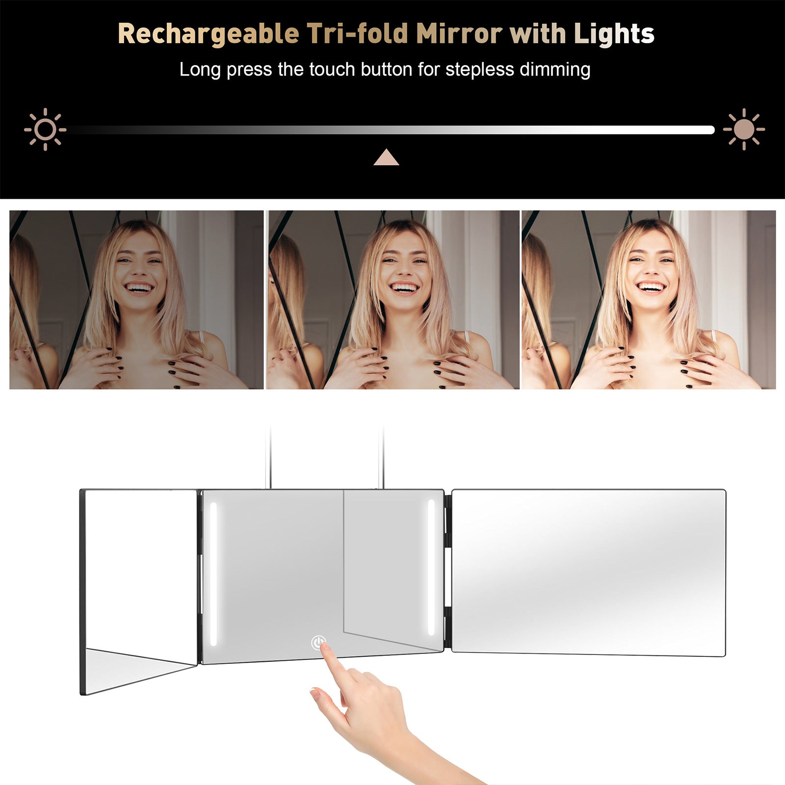 3 Way Mirror with LED Lights for Hair Cutting, 360 Degree Trifold Mirror with Height Adjustable Hooks - Bosonshop