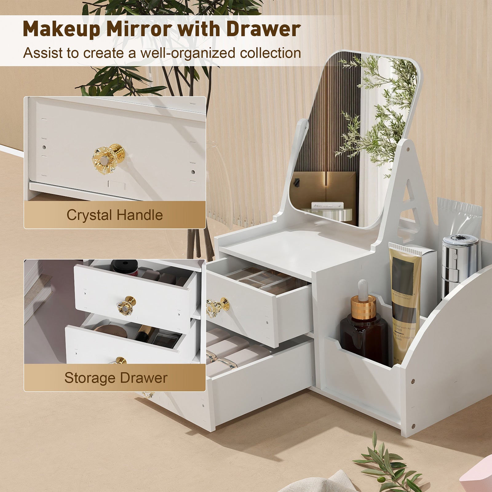 Cosmetics Storage for Vanity with Rotating Mirror, 2 Drawers and Compartment Makeup Storage - Bosonshop