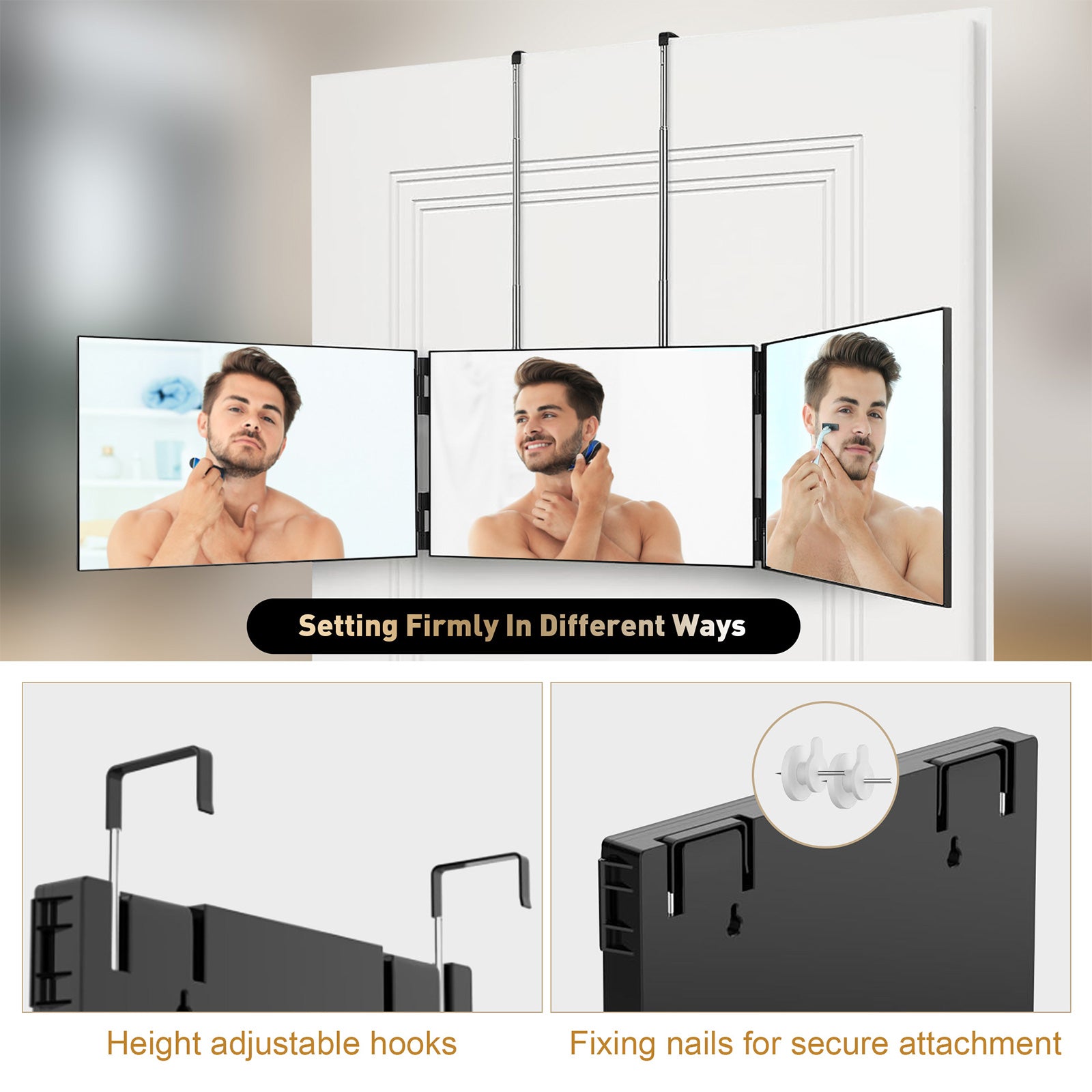 3 Way Mirror for Hair Cutting, 360 Degree Trifold Mirror with Height Adjustable Telescoping Hooks, Black - Bosonshop