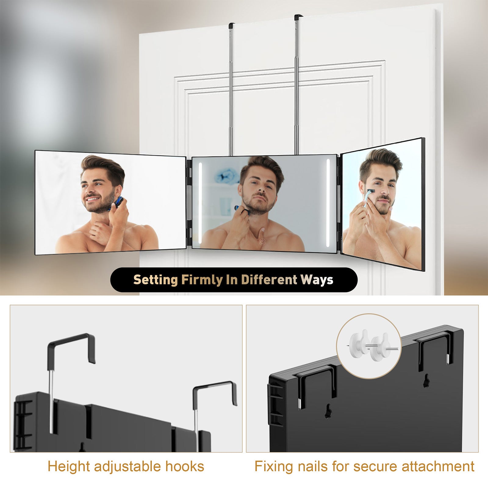 3 Way Mirror with LED Lights for Hair Cutting, 360 Degree Trifold Mirror with Height Adjustable Hooks - Bosonshop