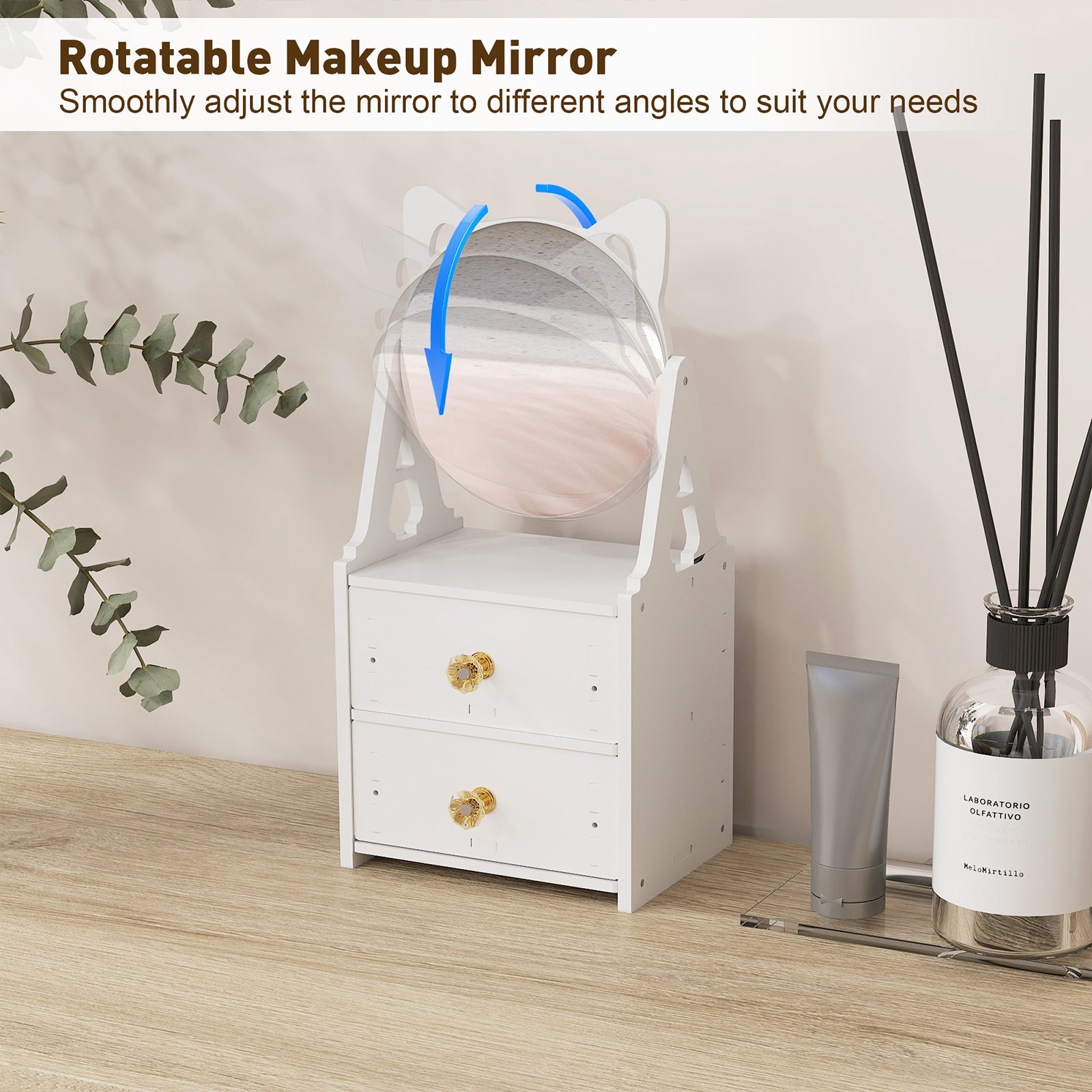 Cosmetics Storage for Vanity with Round Rotating Mirror, 2 Drawers Desktop Makeup Storage - Bosonshop