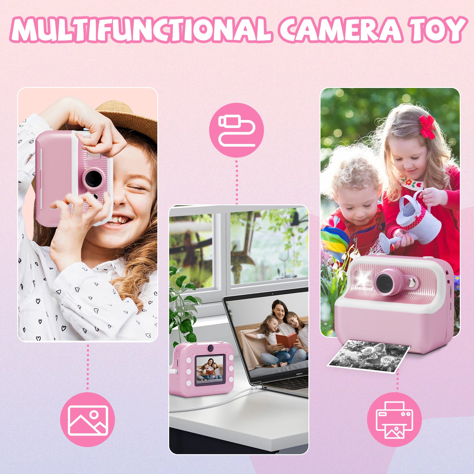 Instant Print Camera for Kids, Dual-Lens 48MP Digital Camera 2.4 Inch Screen with 3 Rolls Paper, Pink - Bosonshop