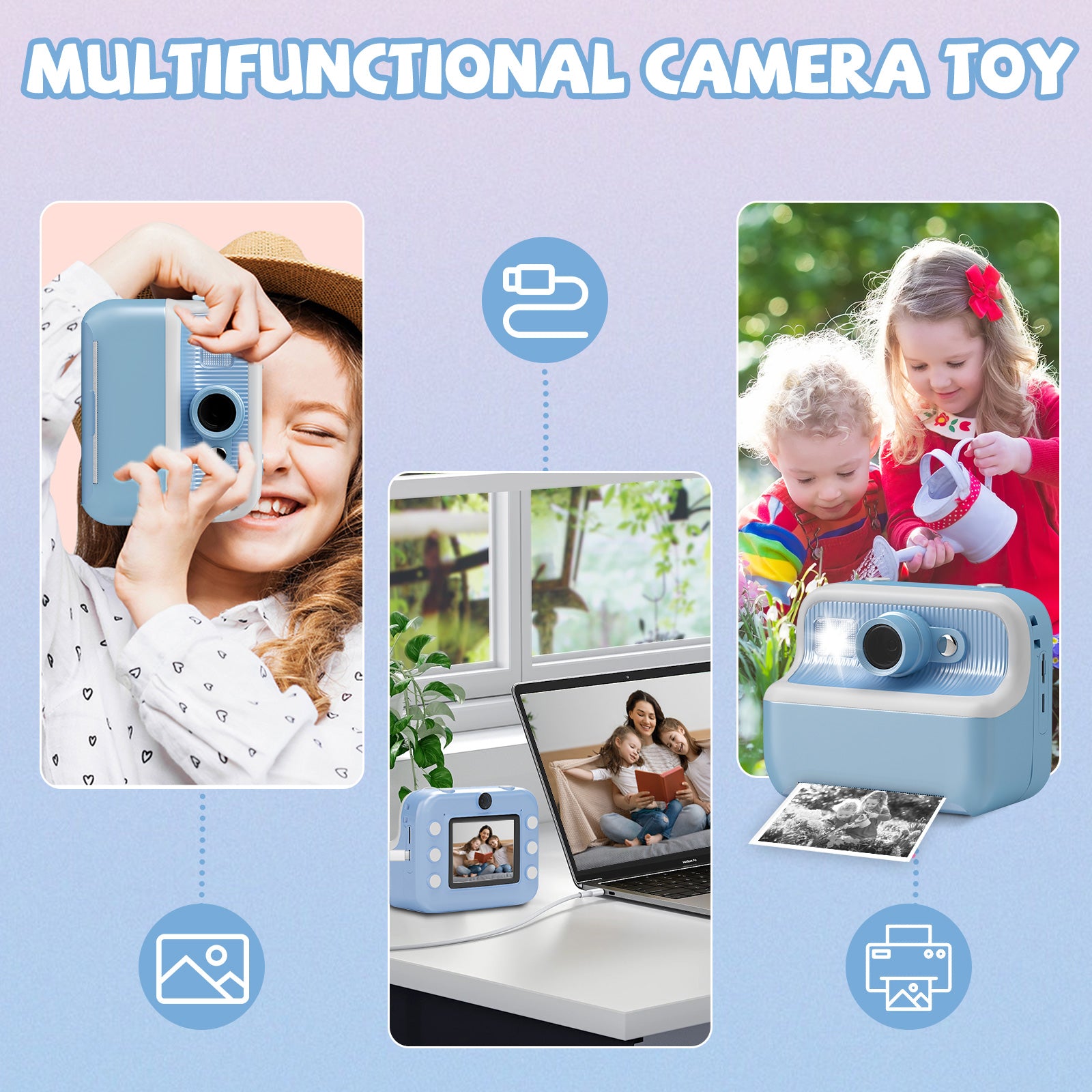 Instant Print Camera for Kids, Dual-Lens 48MP Digital Camera 2.4 Inch Screen with 3 Rolls Paper, Blue - Bosonshop