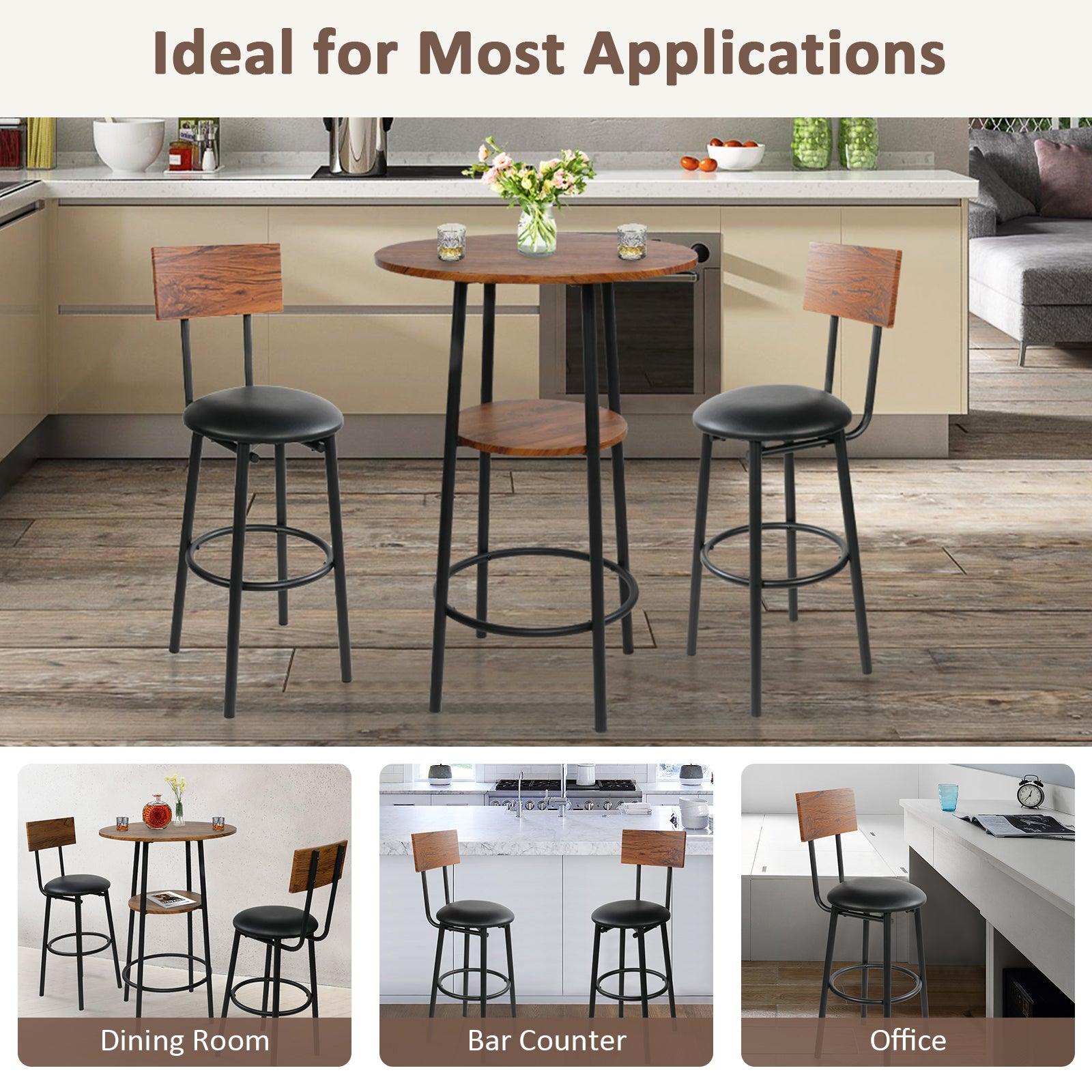 Round Bar Table and Chairs Set, 2-Tier Table and PU Upholstered Stools with Backrest - Bosonshop