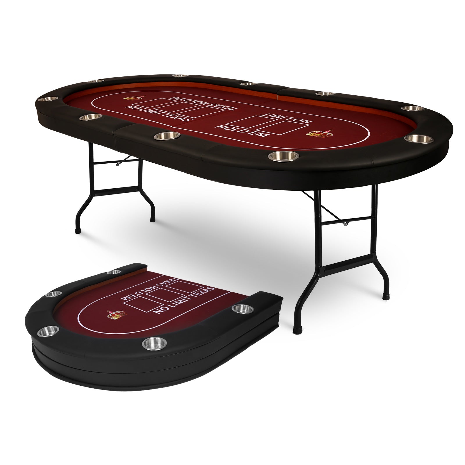 10 Players Folding Casart Poker Table Card Game Table with Metal Frame and 10 Cup Holders, Red - Bosonshop