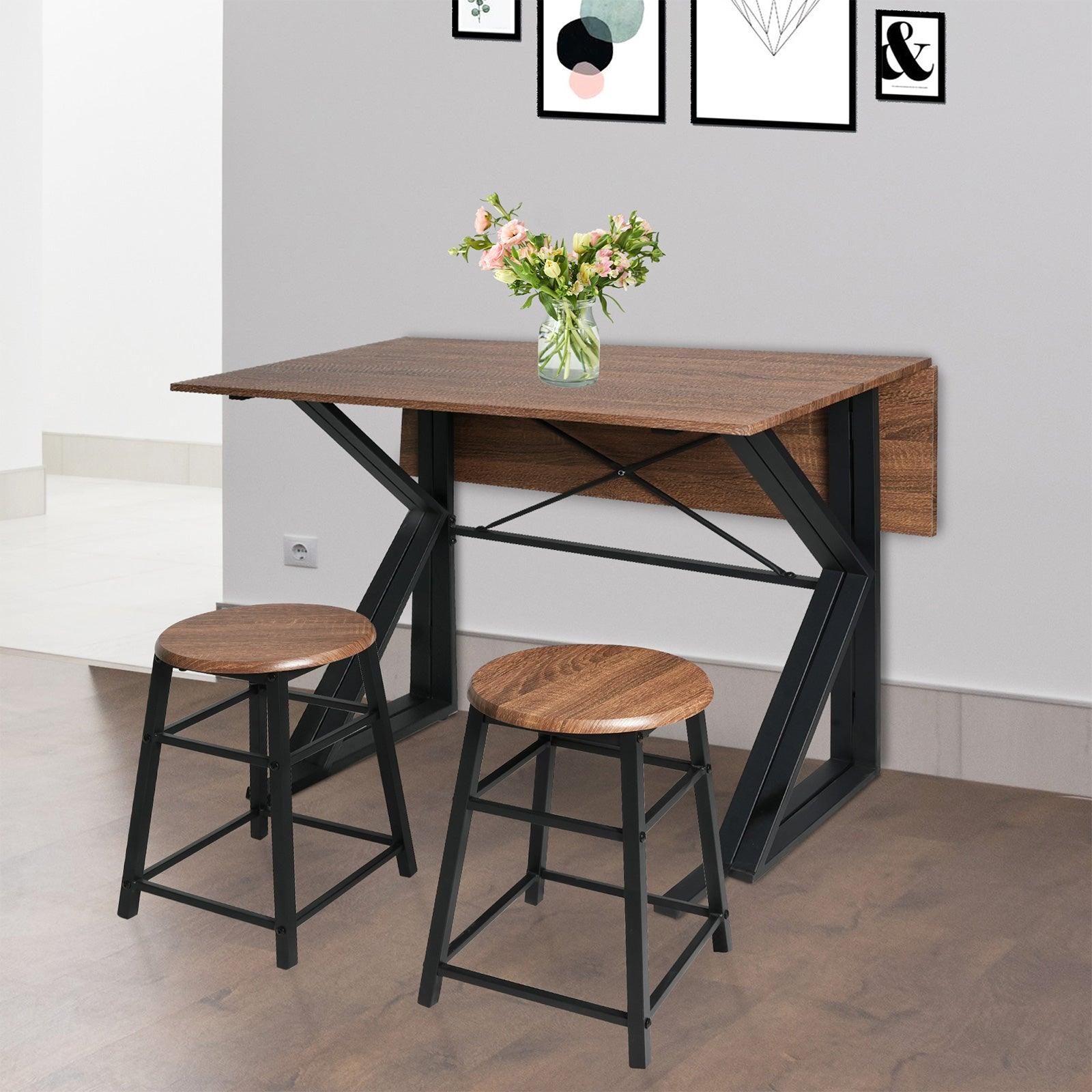 Mid Century Drop Leaf Table Set, 35.4" Drop Leaf Table for Small Space with 2 Stools - Bosonshop