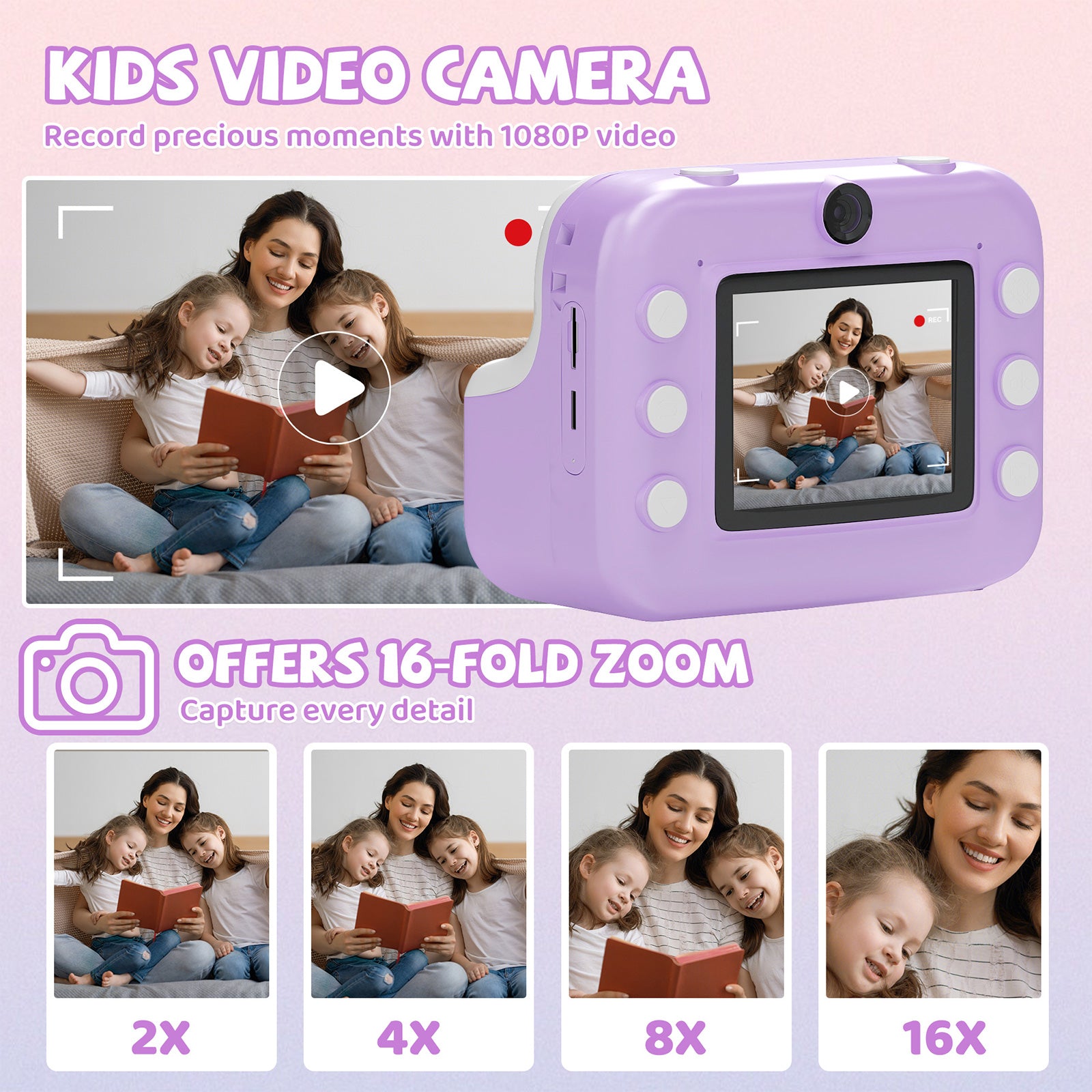 Instant Print Camera for Kids, Dual-Lens 48MP Digital Camera 2.4 Inch Screen with 3 Rolls Paper, Purple - Bosonshop