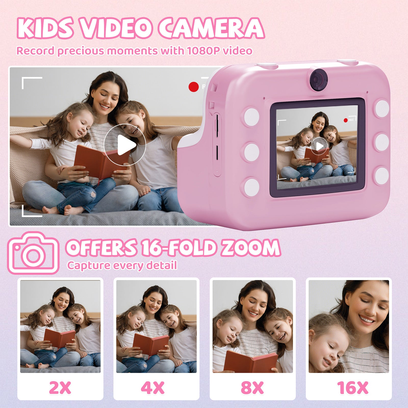 Instant Print Camera for Kids, Dual-Lens 48MP Digital Camera 2.4 Inch Screen with 3 Rolls Paper, Pink - Bosonshop