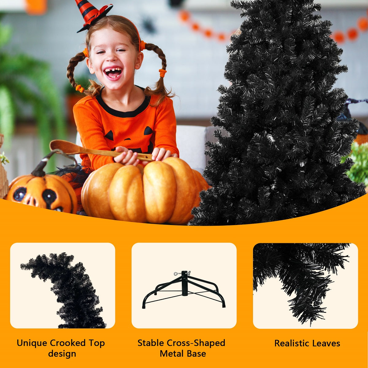 6.9ft Black Bendable Santa Hat Style Halloween Tree Artificial Christmas Tree Xmas, 1050 Branch Tips, Metal Frame - Bosonshop