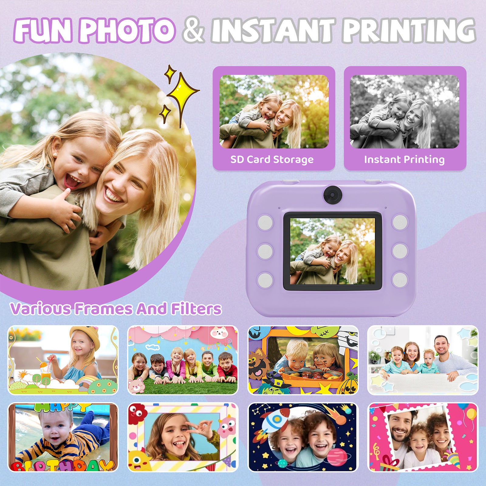 Instant Print Camera for Kids, Dual-Lens 48MP Digital Camera 2.4 Inch Screen with 3 Rolls Paper, Purple - Bosonshop