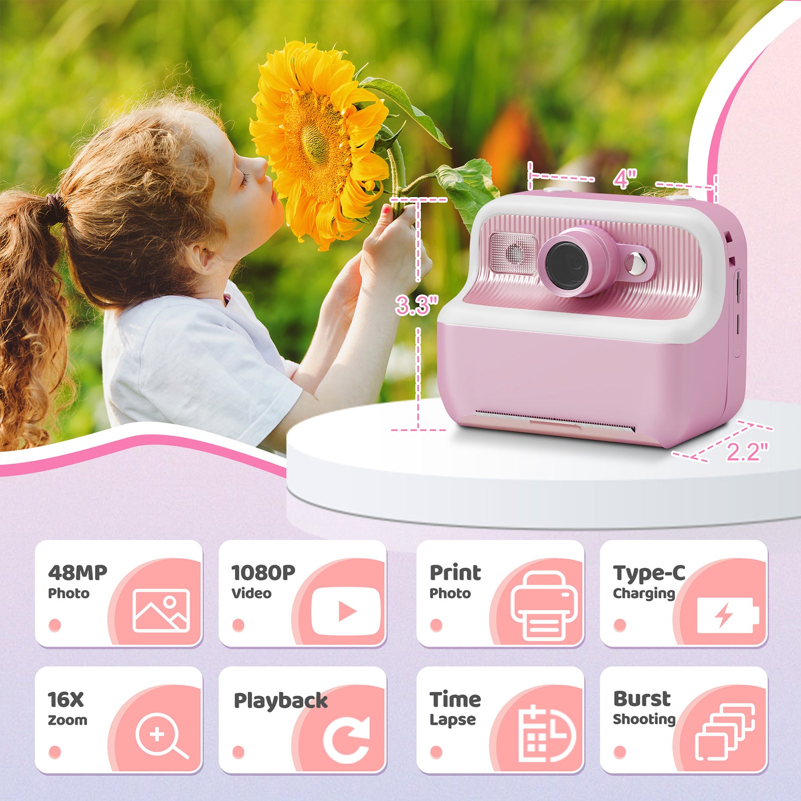 Instant Print Camera for Kids, Dual-Lens 48MP Digital Camera 2.4 Inch Screen with 3 Rolls Paper, Pink - Bosonshop