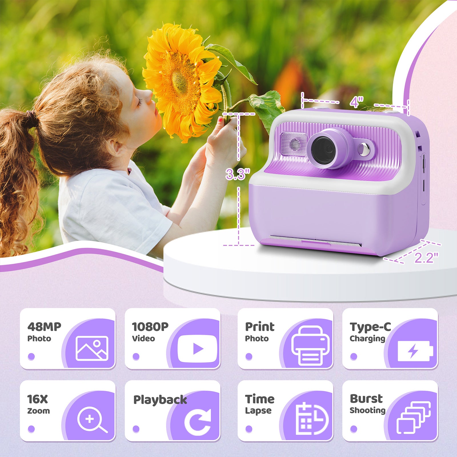 Instant Print Camera for Kids, Dual-Lens 48MP Digital Camera 2.4 Inch Screen with 3 Rolls Paper, Purple - Bosonshop