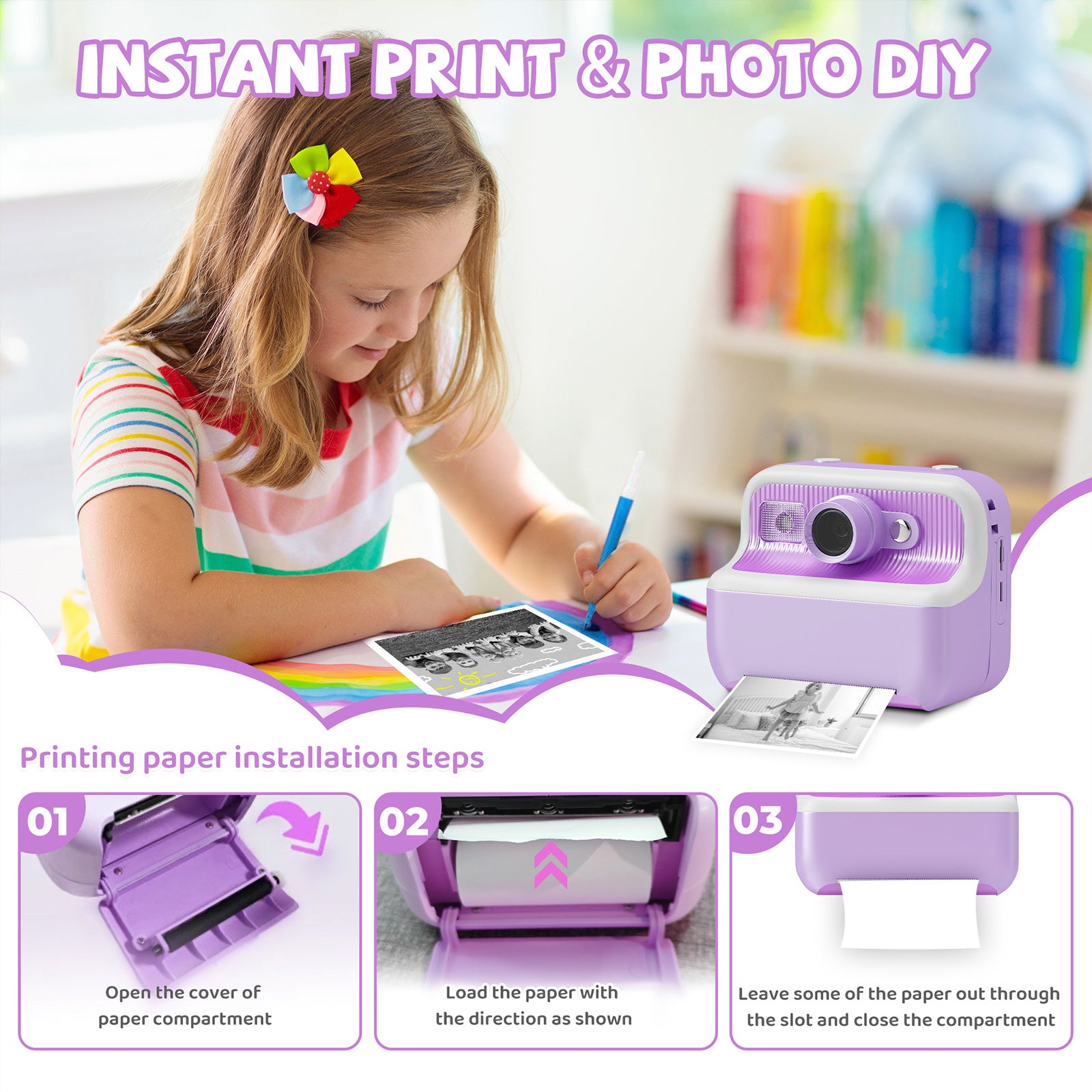 Instant Print Camera for Kids, Dual-Lens 48MP Digital Camera 2.4 Inch Screen with 3 Rolls Paper, Purple - Bosonshop