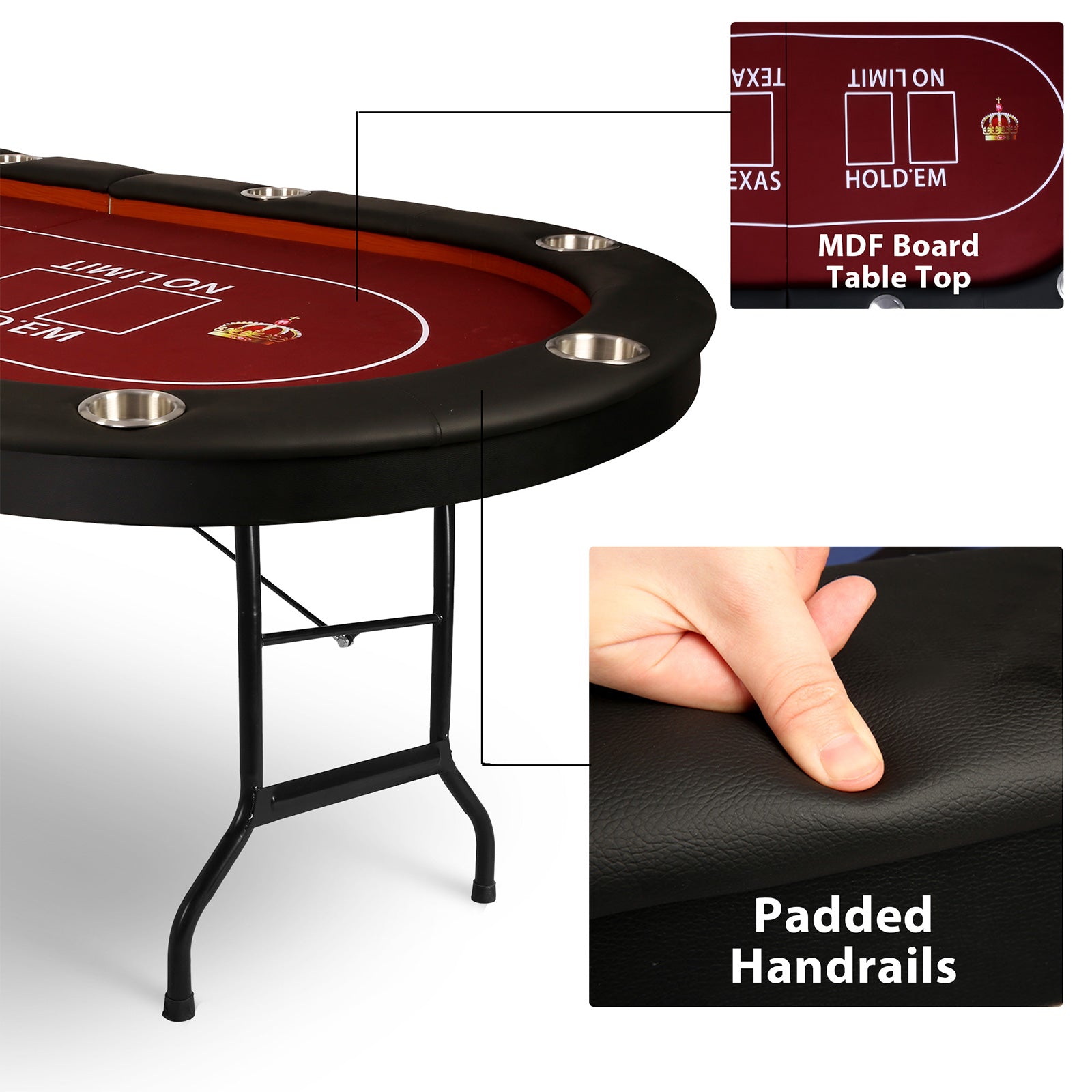 10 Players Folding Casart Poker Table Card Game Table with Metal Frame and 10 Cup Holders, Red - Bosonshop