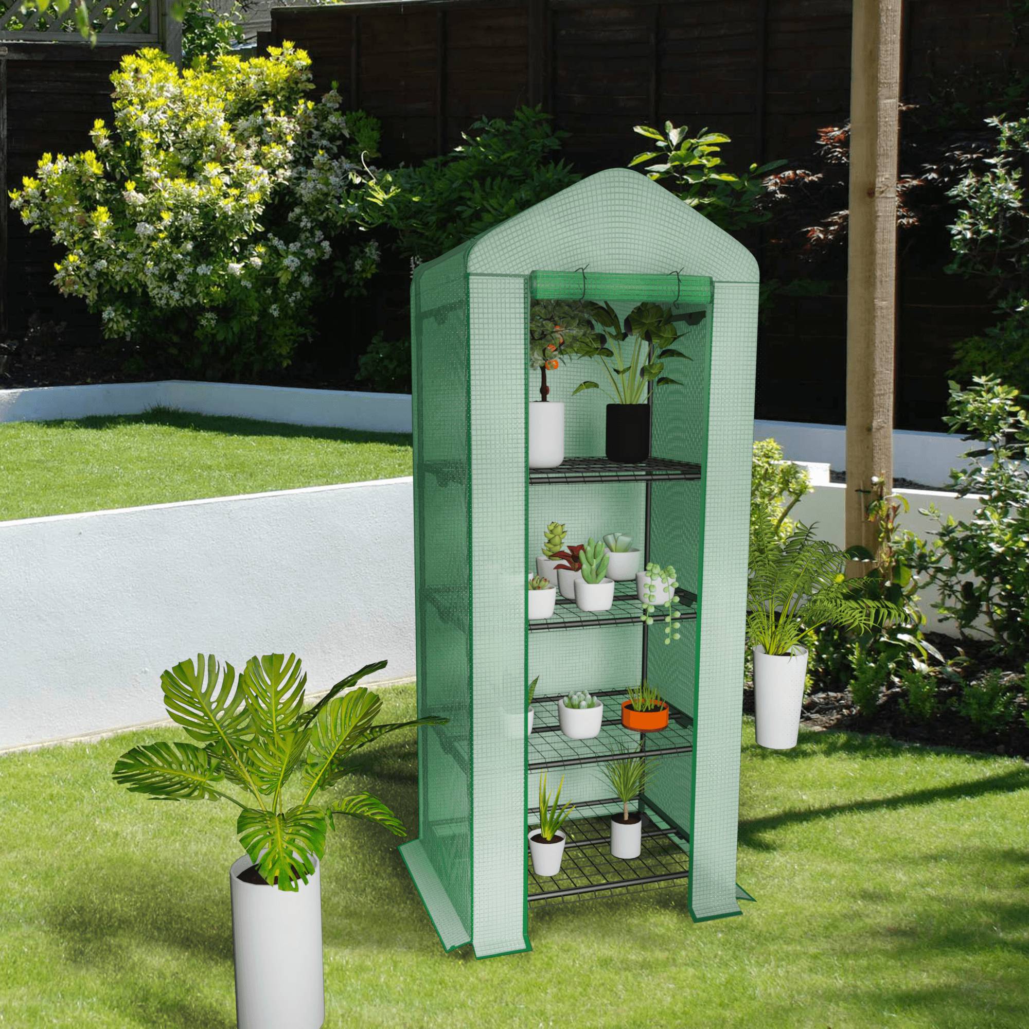 4-Tier Mini Greenhouse on Casters, Gardening Plant Greenhouse, Sturdy Gardening Shelves with PVC Cover and Rolling Zipper Door, Green - Bosonshop