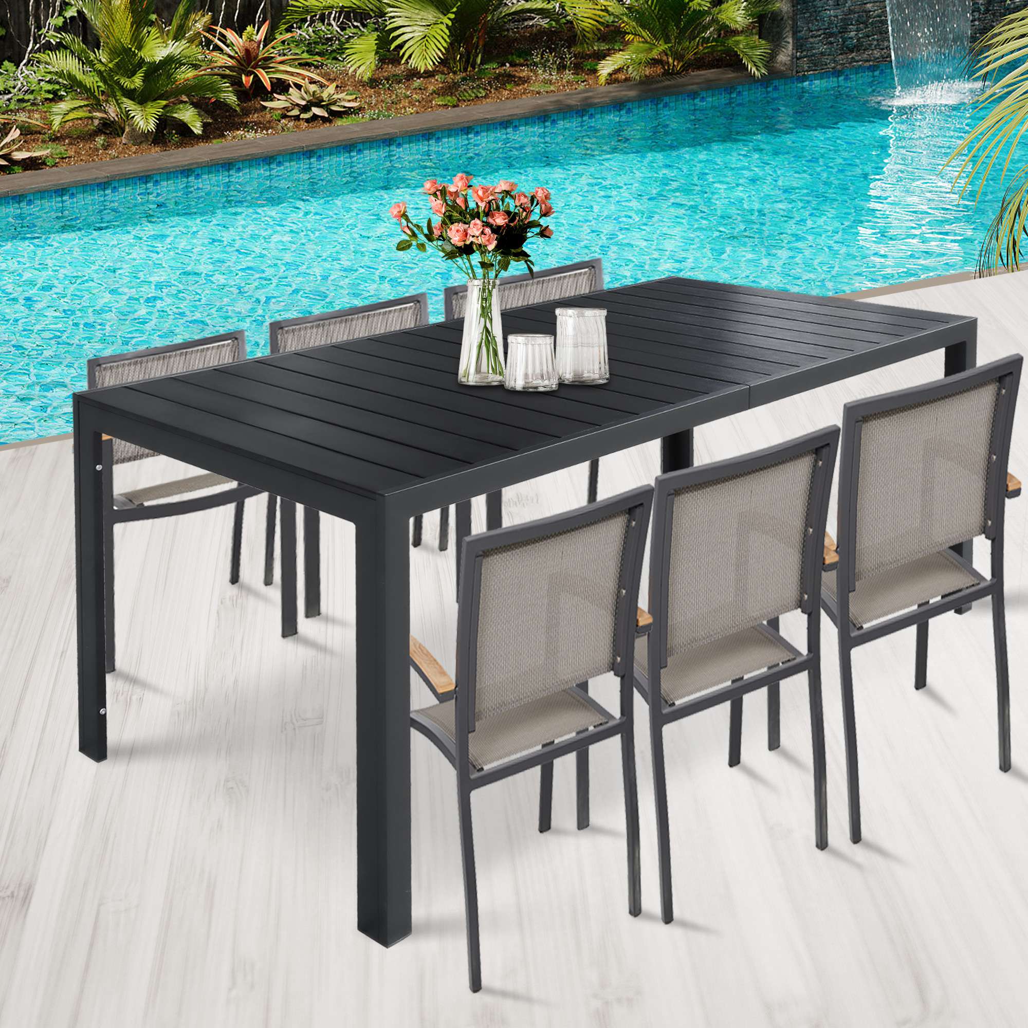 Heavy Duty Patio Outdoor Dining Table for 6-8 Person, 71" Aluminum Frame Rectangle Table, Black - Bosonshop