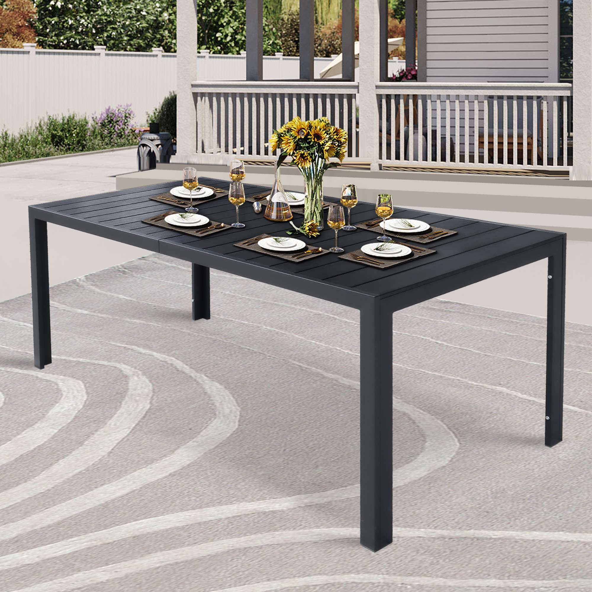 Heavy Duty Patio Outdoor Dining Table for 6-8 Person, 71" Aluminum Frame Rectangle Table, Black - Bosonshop