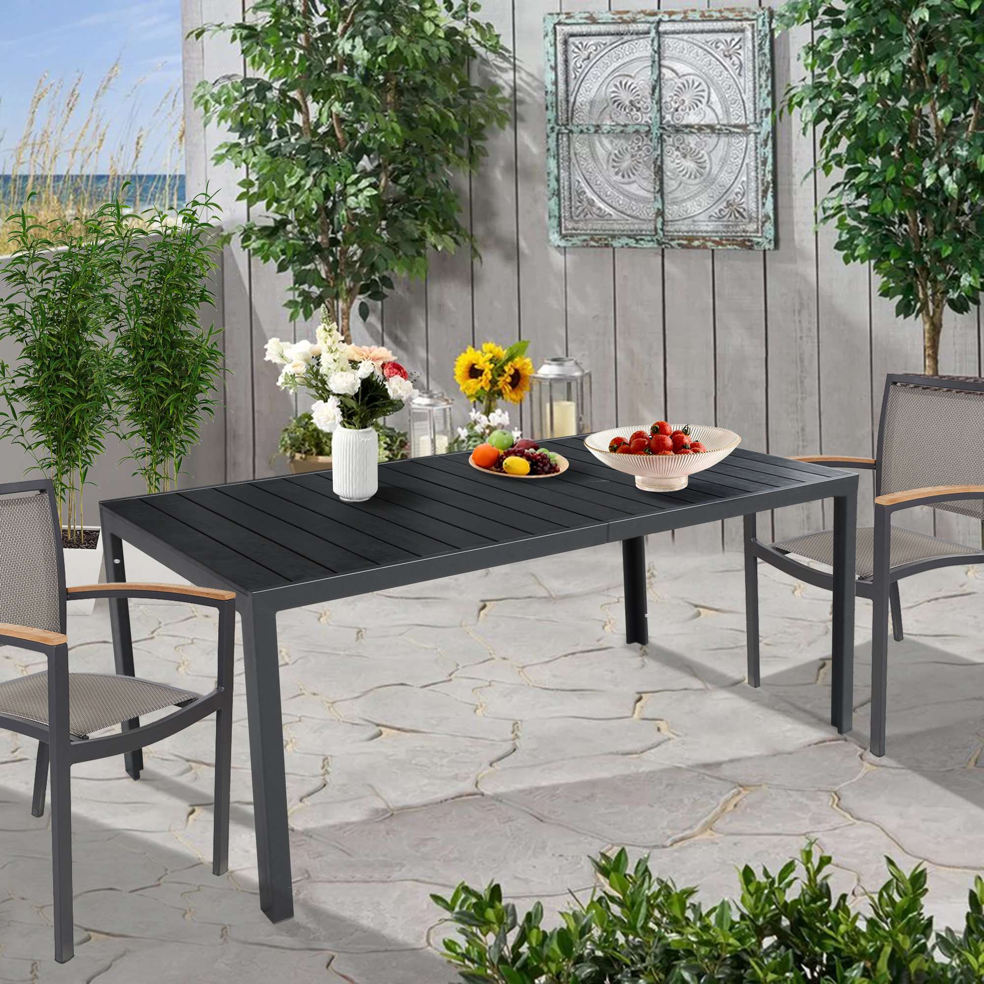 Heavy Duty Patio Outdoor Dining Table for 6-8 Person, 71" Aluminum Frame Rectangle Table, Black - Bosonshop