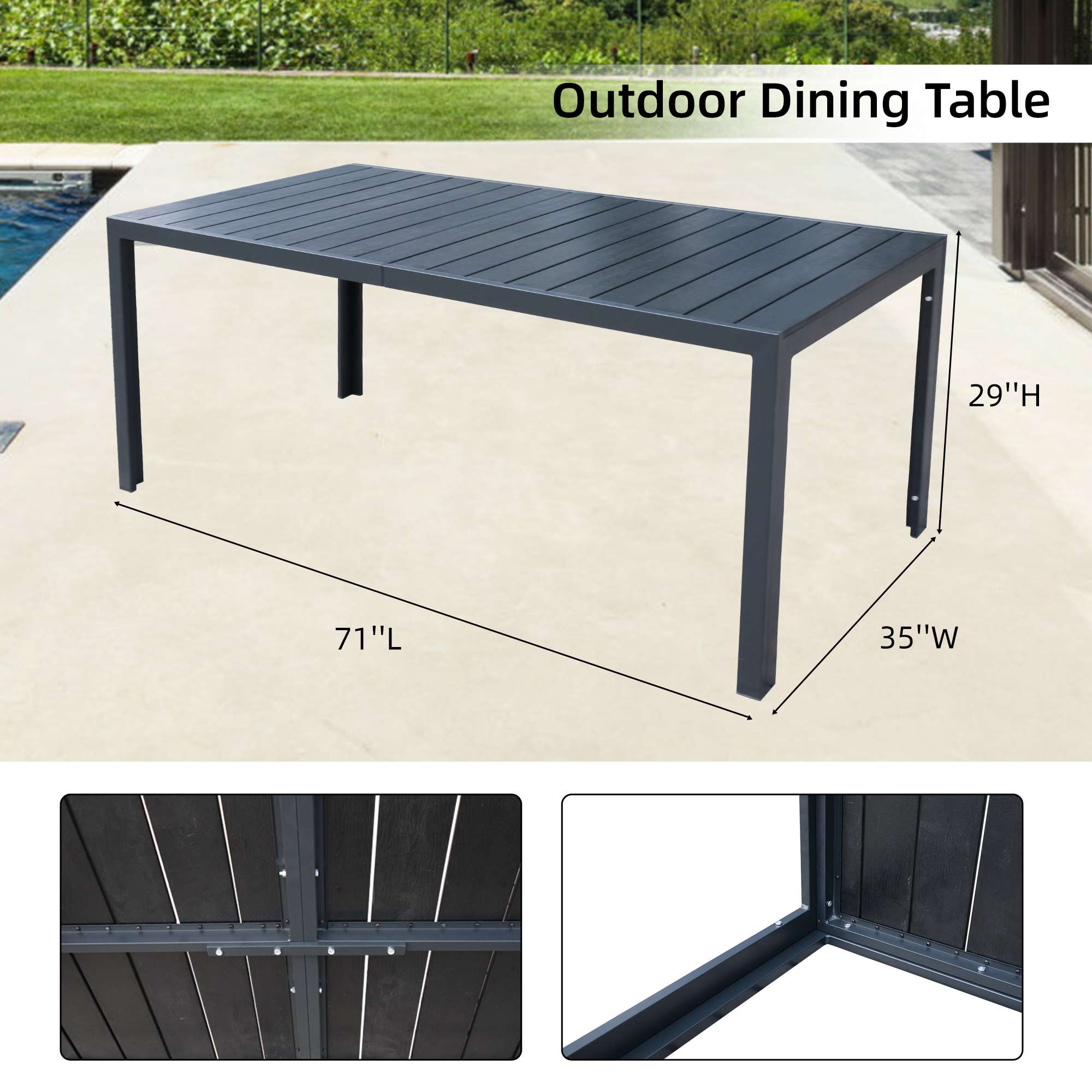 Heavy Duty Patio Outdoor Dining Table for 6-8 Person, 71" Aluminum Frame Rectangle Table, Black - Bosonshop