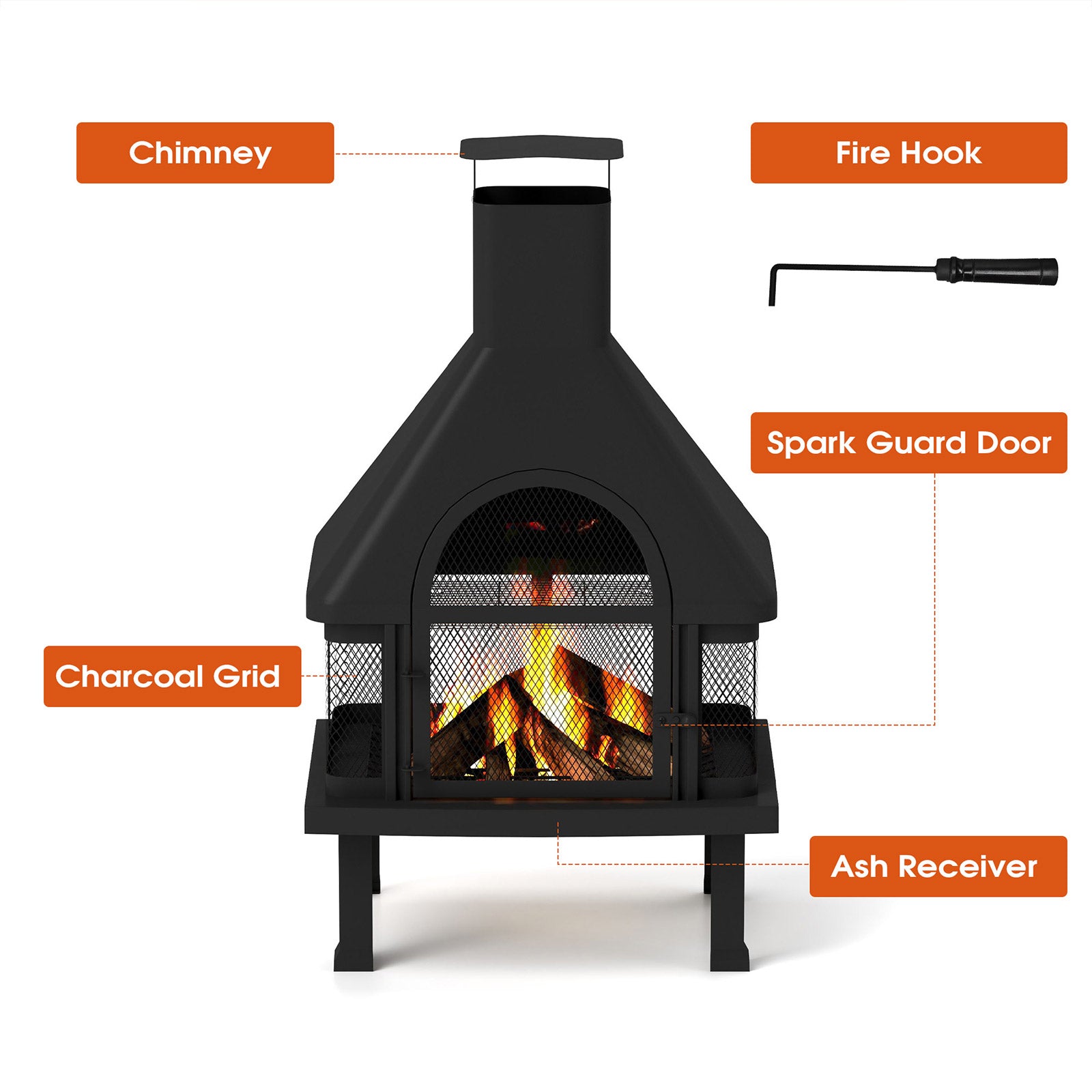 Chiminea Outdoor Fireplace 43.9" Metal Wood Burning Fire Pit with Wood Grate, Grill Grate and Fire Hook, Black