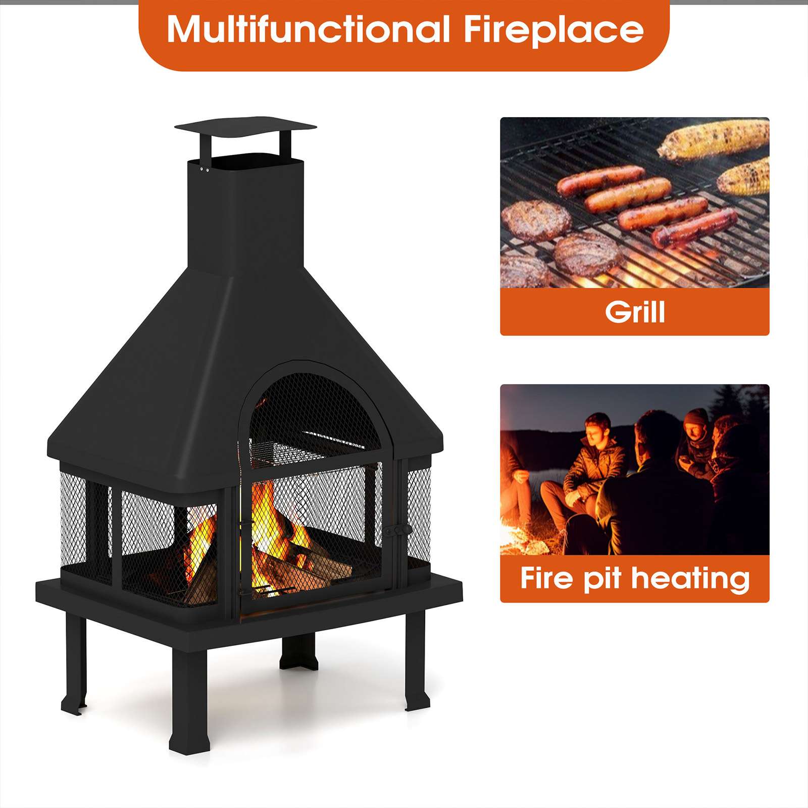 Chiminea Outdoor Fireplace 43.9" Metal Wood Burning Fire Pit with Wood Grate, Grill Grate and Fire Hook, Black