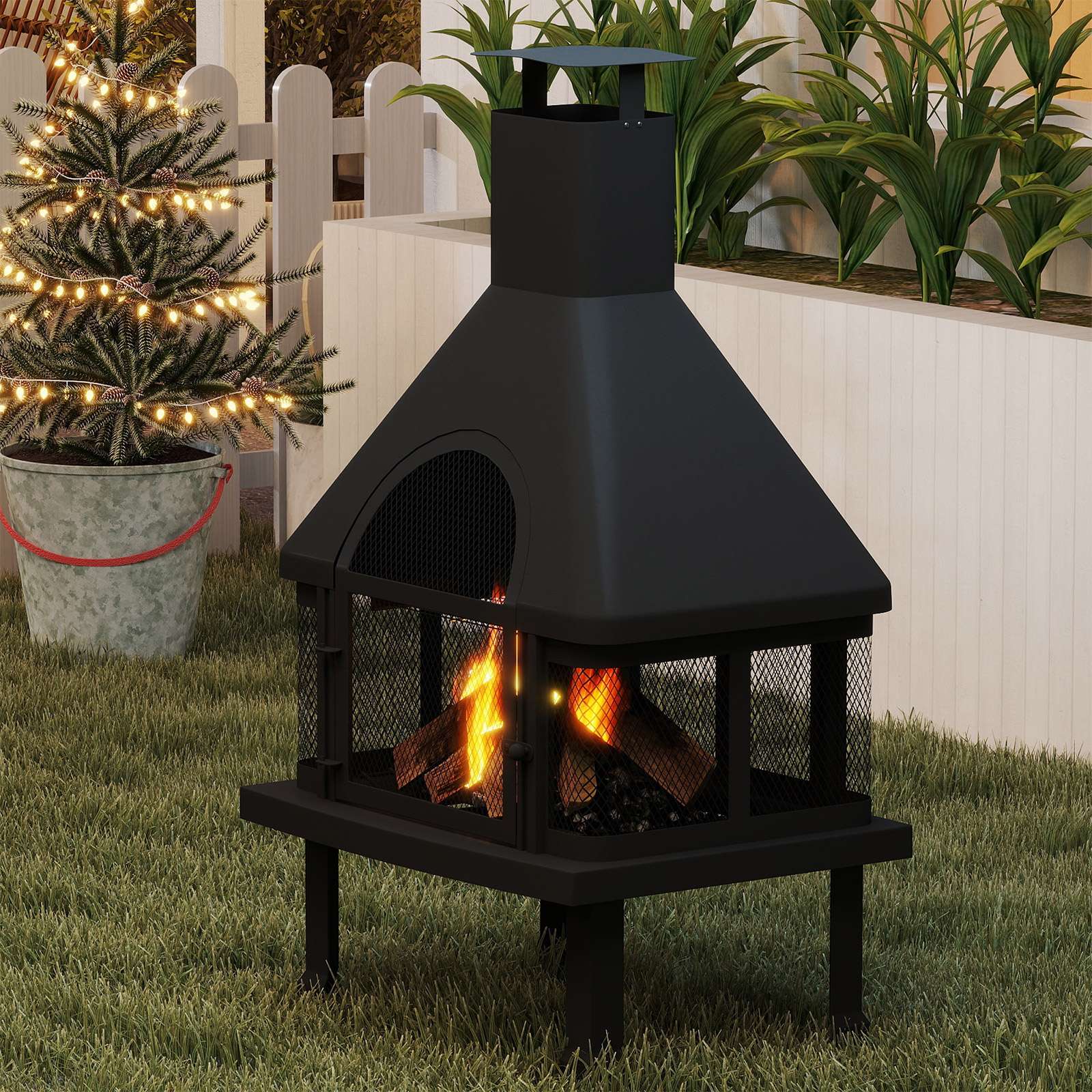 Chiminea Outdoor Fireplace 43.9" Metal Wood Burning Fire Pit with Wood Grate, Grill Grate and Fire Hook, Black