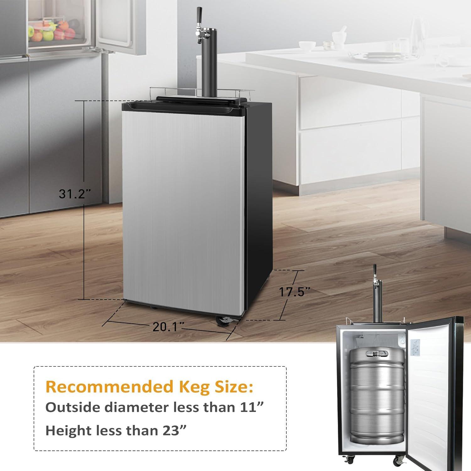 3.4 Cu.Ft. Stainless Steel Kegerator, Keg Beer Cooler for Beer Dispensing with 4 Casters, CO2 Cylinder & Temperature Control, Black - Bosonshop