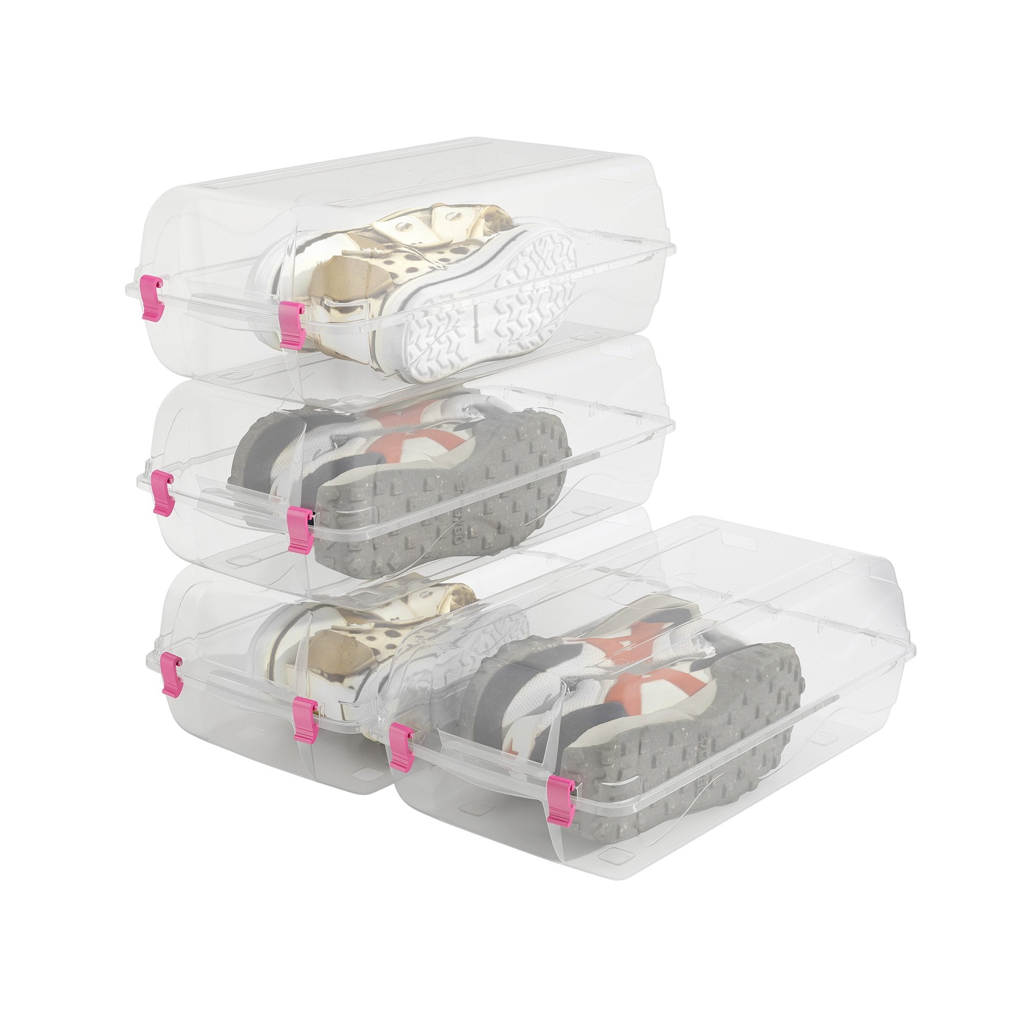 4 Pack Stackable Shoe Organizer with Lids Storage Boxes Sneaker Containers, Pink - Bosonshop