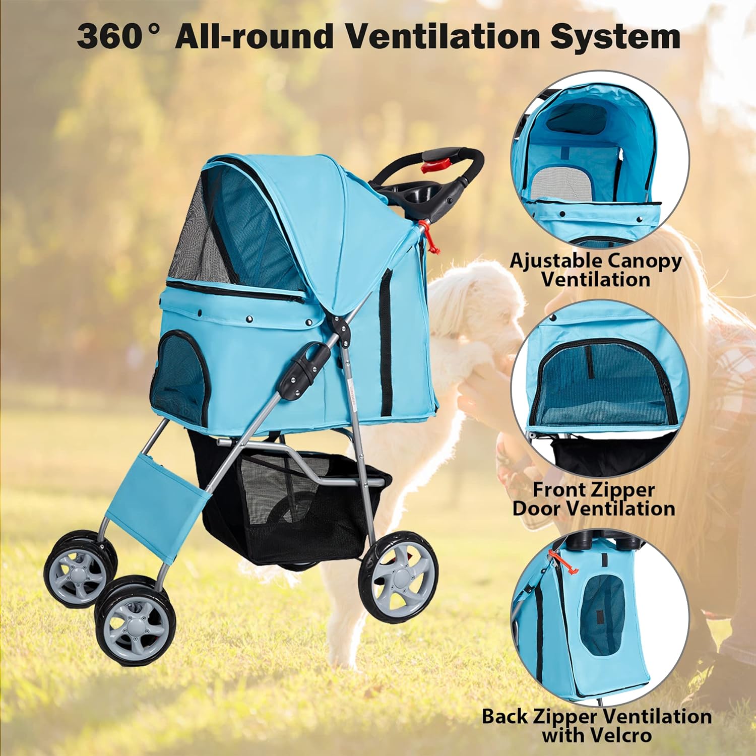 Folding Pet Stroller Elite Jogger Kitten Puppy Easy Walk Dog Cat Small Animals Travel Carrier, Blue - Bosonshop