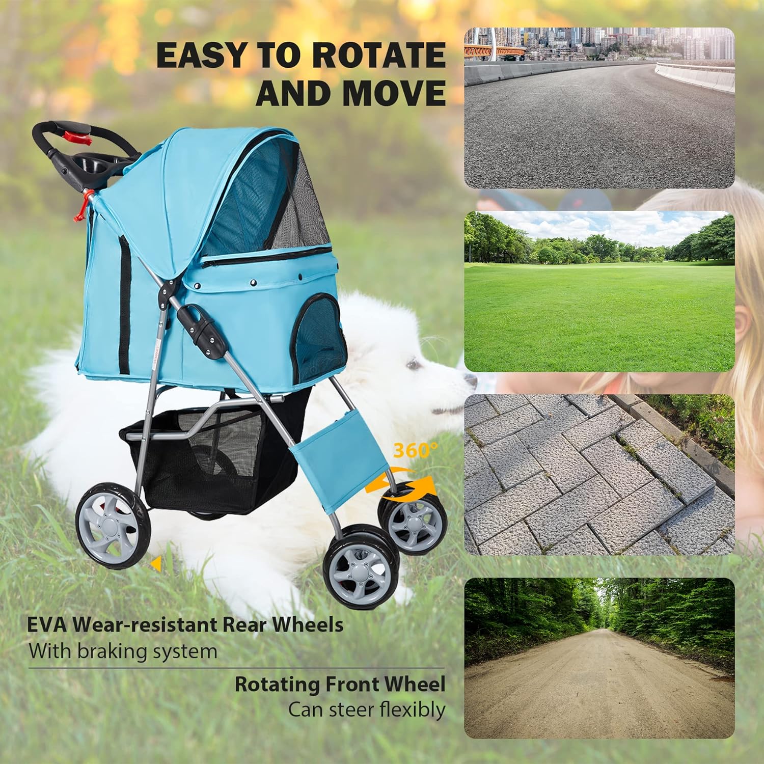 Folding Pet Stroller Elite Jogger Kitten Puppy Easy Walk Dog Cat Small Animals Travel Carrier, Blue - Bosonshop