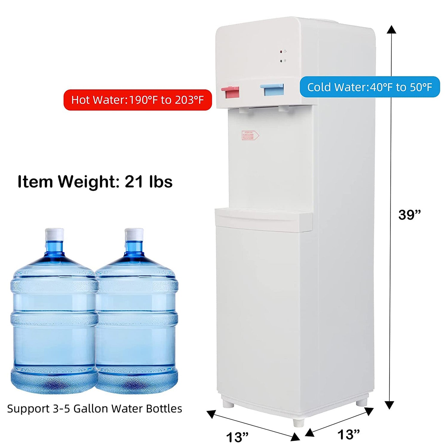 5 Gallon Top Loading Water Cooler Water Dispenser with Child Safety Lock, 2 Temps (Hot & Cold), ETL Listed, White - Bosonshop