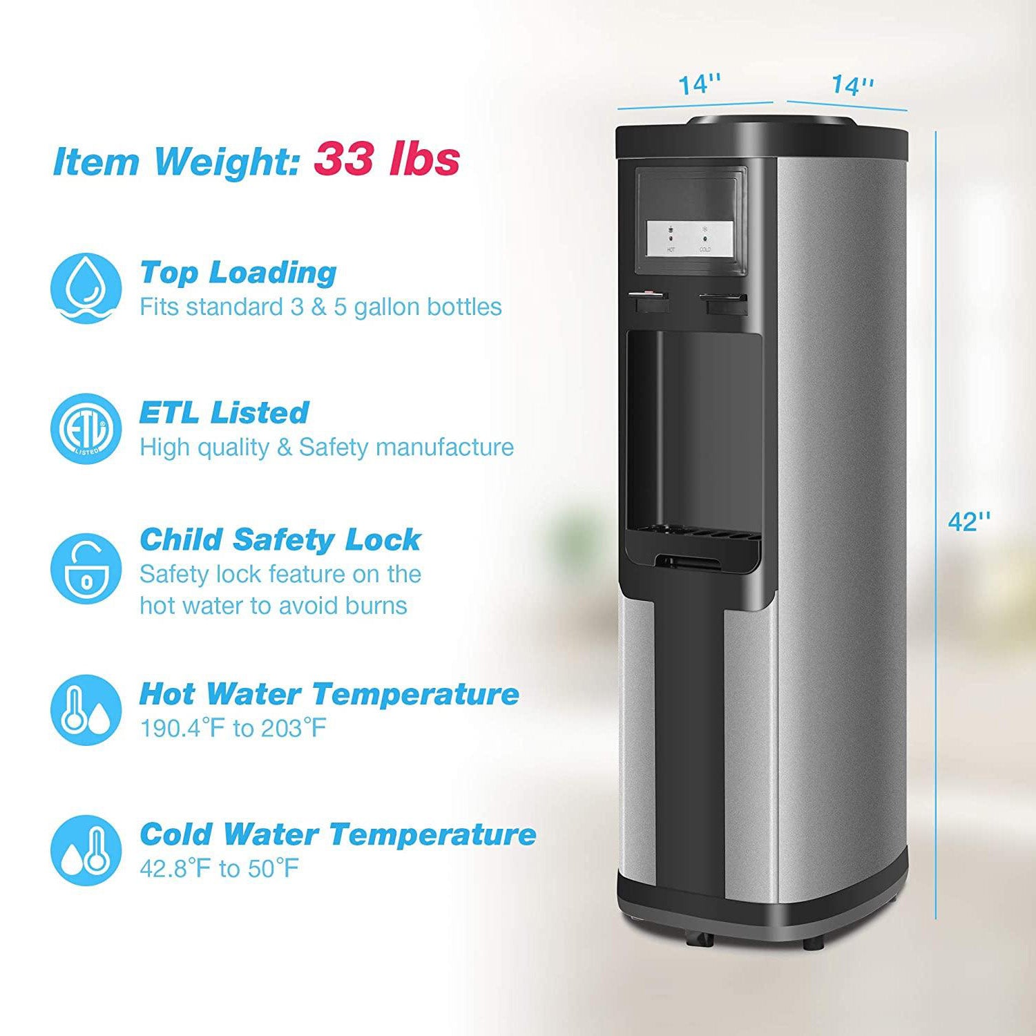 5 Gallons Hot and Cold Water Cooler Dispenser for Top Loading for Home w/ Child Safety Lock - Bosonshop