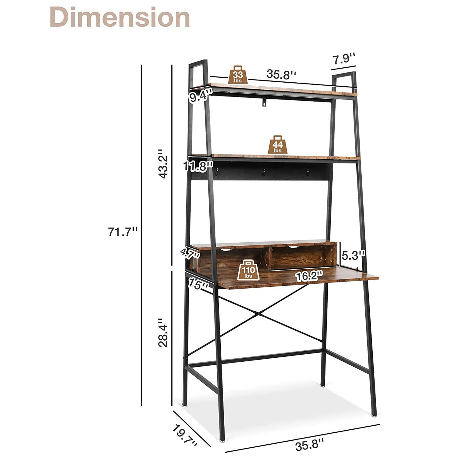 Computer Desk with Bookshelves 35.8" Office Desk Study Writing Gaming Table with Storage Shelf and 3 Hooks, Rustic Brown - Bosonshop