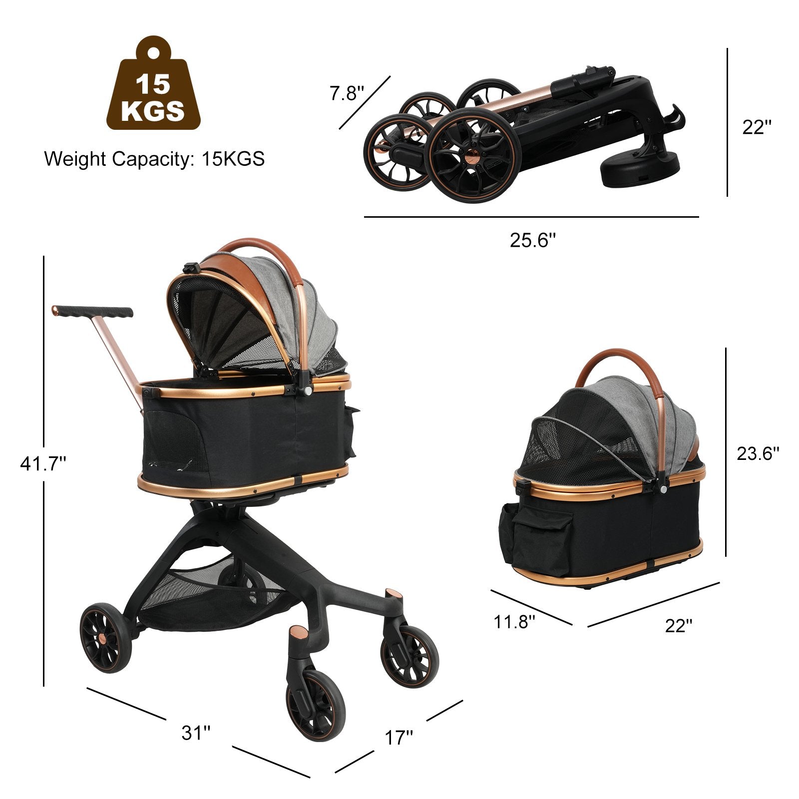 Folding Pet Stroller with Detachable Carrier for Medium Small Dogs Cats, Gold