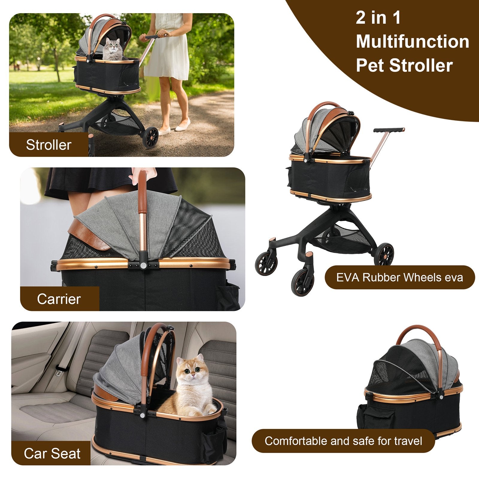 Folding Pet Stroller with Detachable Carrier for Medium Small Dogs Cats, Gold