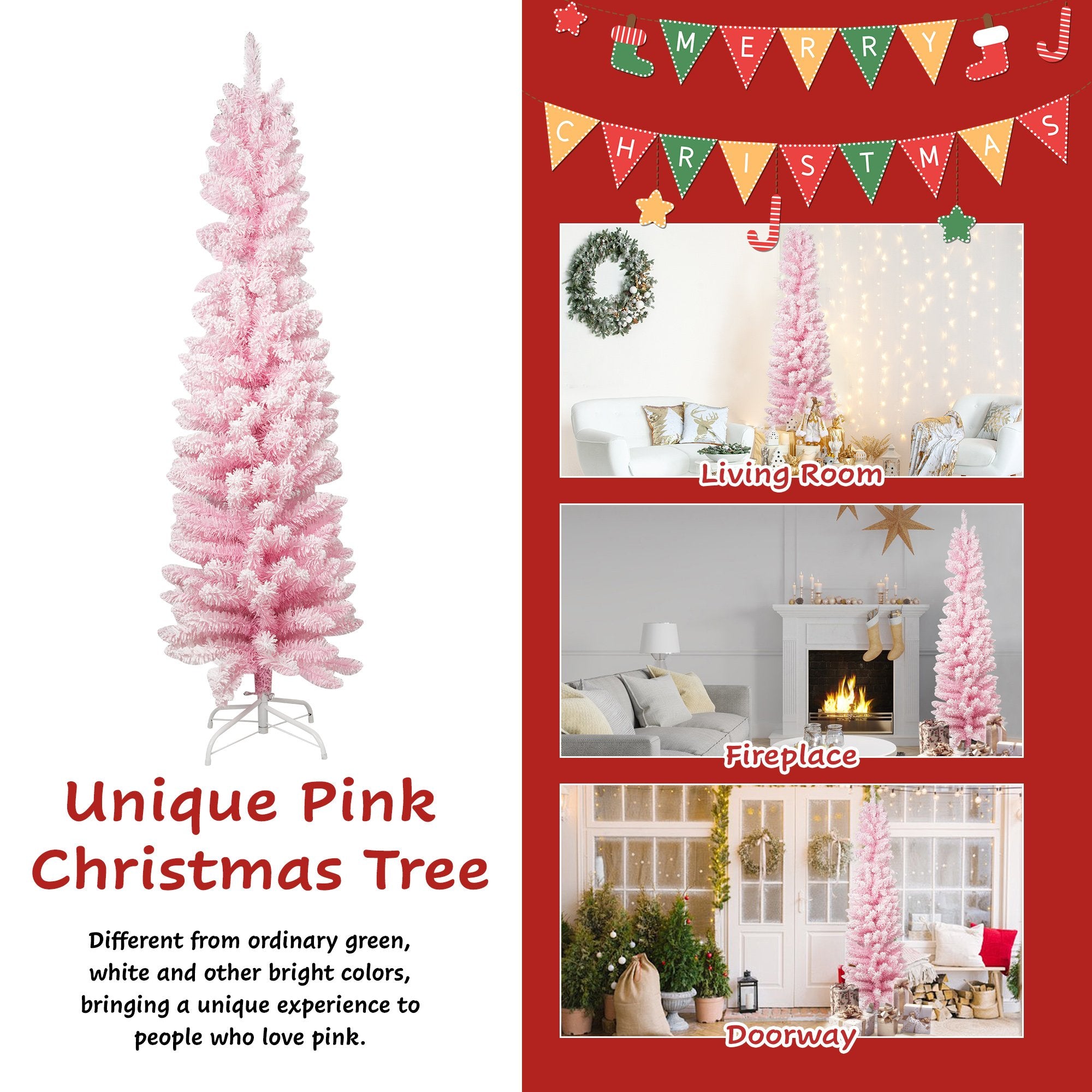 6.9ft Pink Christmas Tree Artificial Xmas Tree with 320 Branch Tips, Metal Frame - Bosonshop