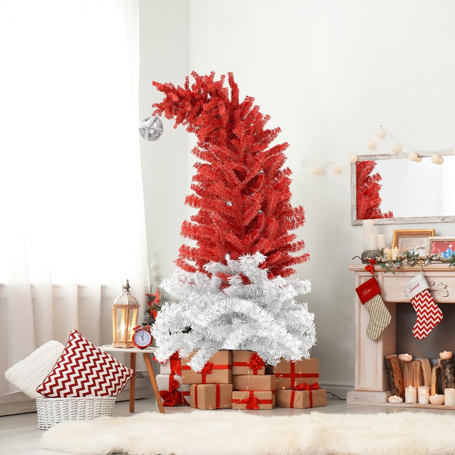 6ft Bendable Santa Hat Style Artificial Christmas Fir Tree Bent Top Xmas Tree with Metal Stand, 1050 Lush Branch Tips, Red - Bosonshop