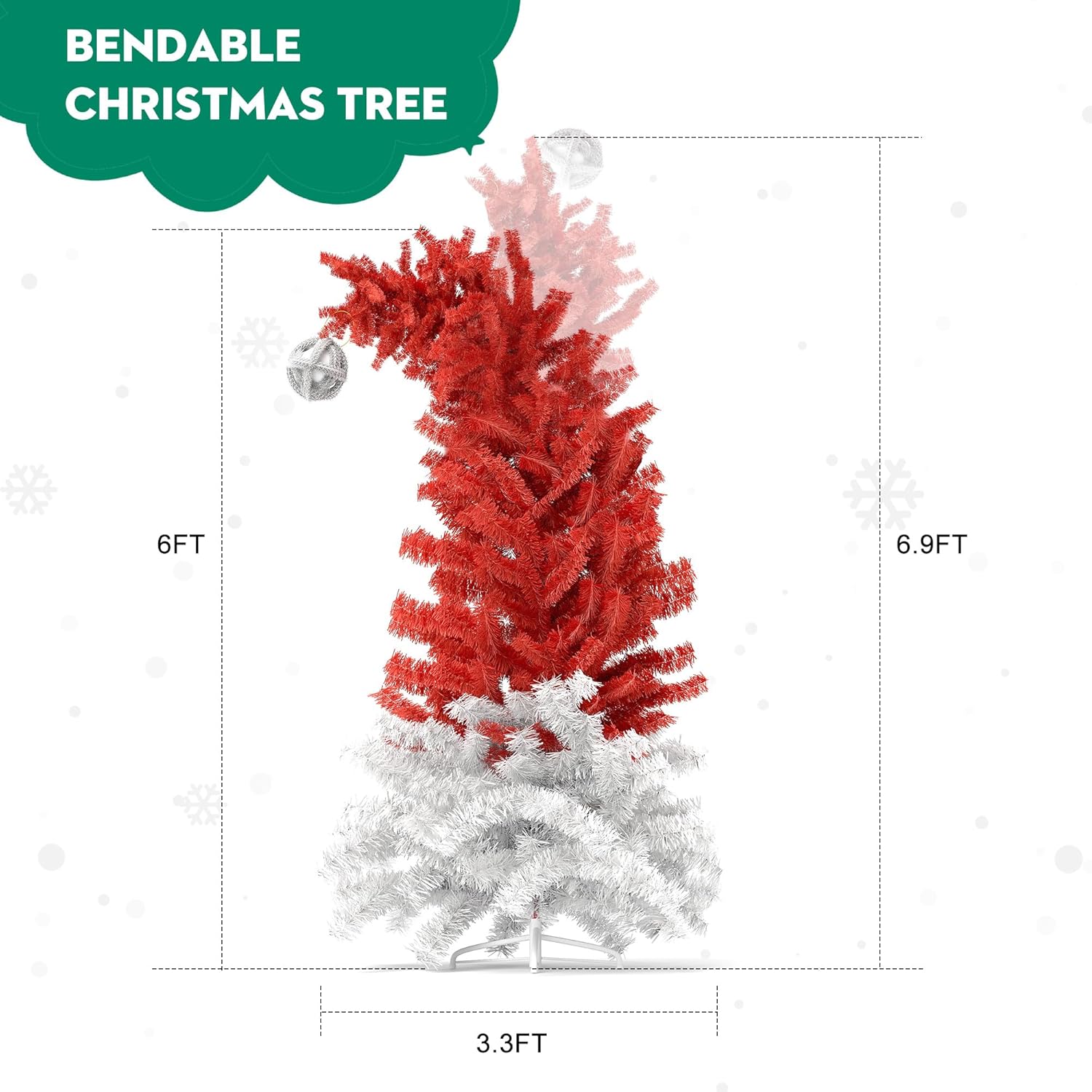 6ft Bendable Santa Hat Style Artificial Christmas Fir Tree Bent Top Xmas Tree with Metal Stand, 1050 Lush Branch Tips, Red - Bosonshop