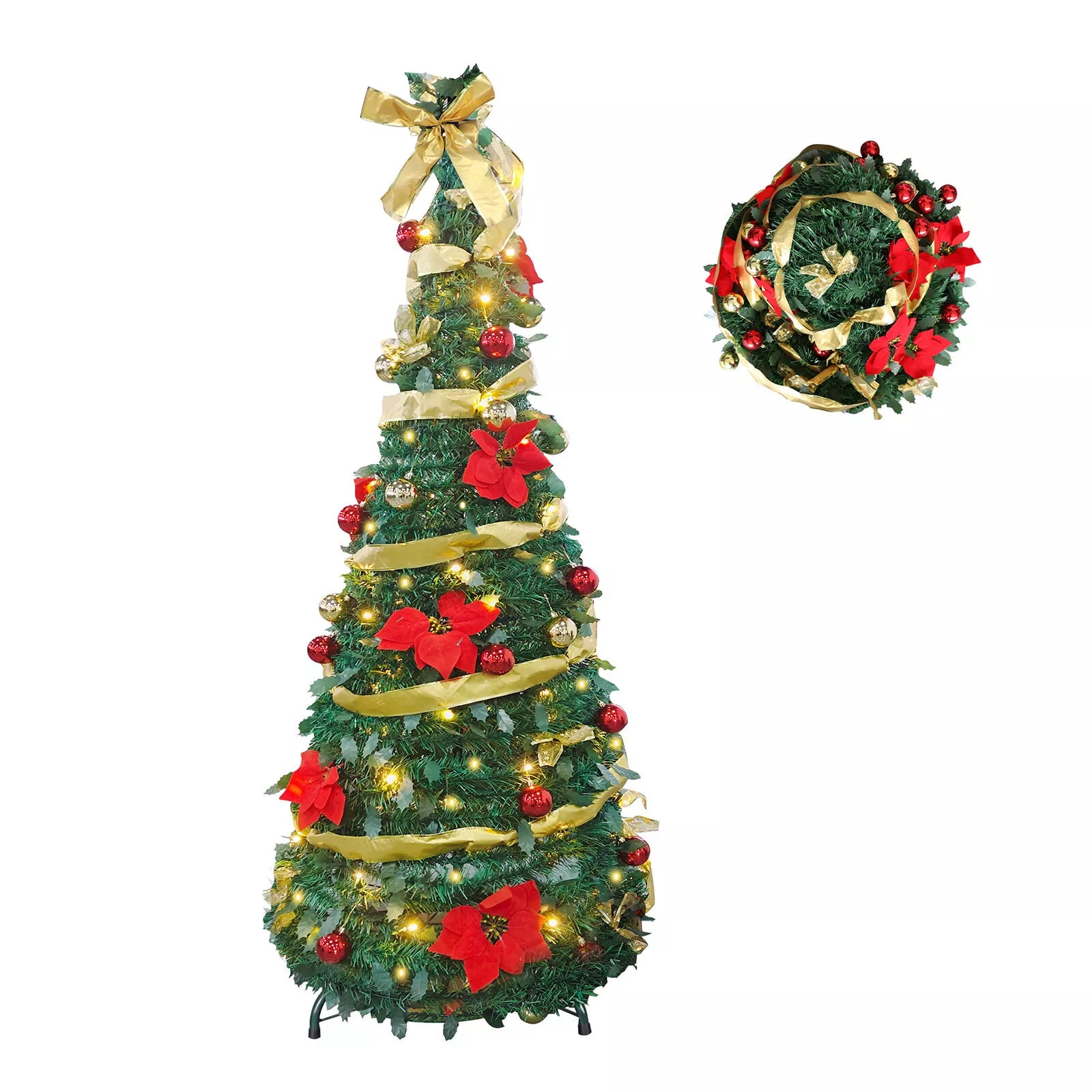 6ft Pre-Lit Collapsible Artificial Christmas Tree Pre-Decorated Pop Up Xmas Tree with 200 Lights, Gold and Red Balls, Bows, Flowers - Bosonshop