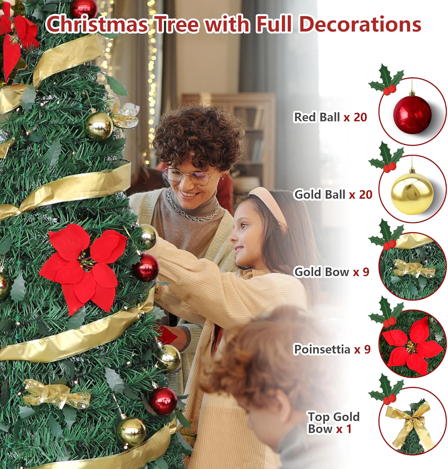 6ft Pre-Lit Collapsible Artificial Christmas Tree Pre-Decorated Pop Up Xmas Tree with 200 Lights, Gold and Red Balls, Bows, Flowers - Bosonshop