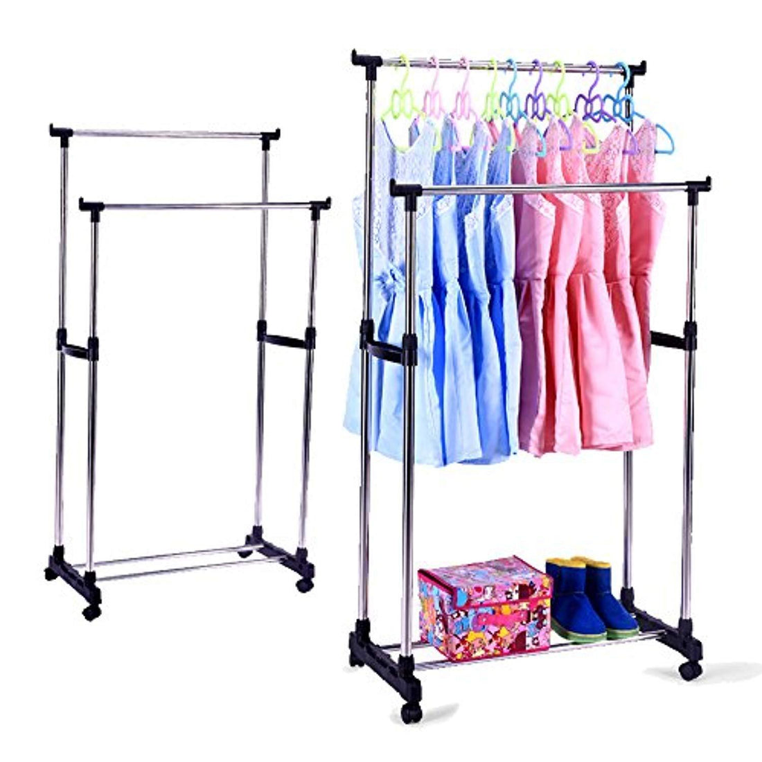 Portable Double Rods Rolling Clothes Rack for Clothes with Wheels