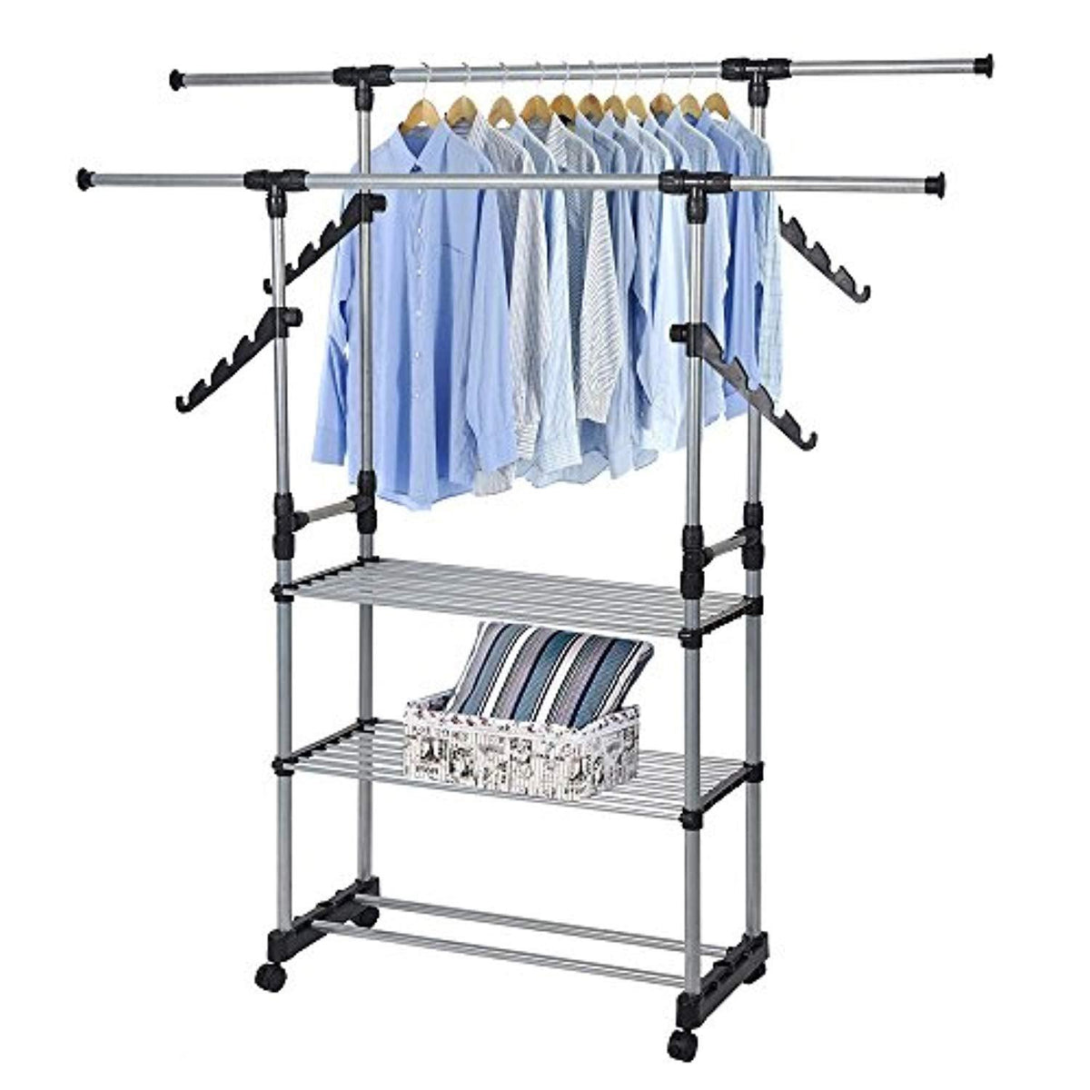 Folding Double Rails 3-Tier Clothes Rack with Shelf and Wheels – Bosonshop