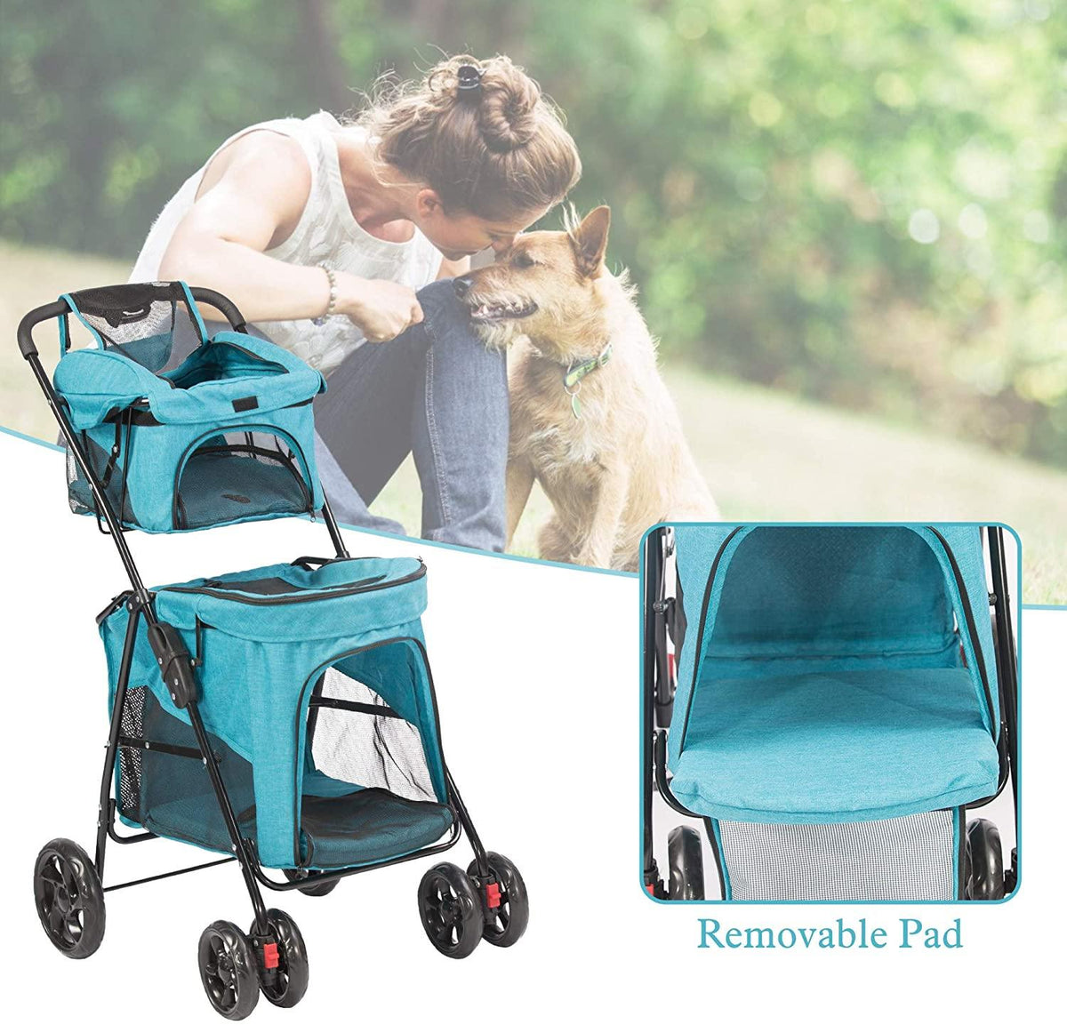 Double Decker Pet Stroller 4 Wheels Lightweight Foldable Dog and Cat ...