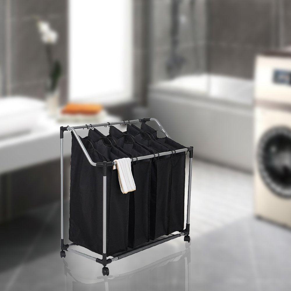 Heavy-Duty 4-Bag Rolling Laundry Sorter Storage Cart（Black）