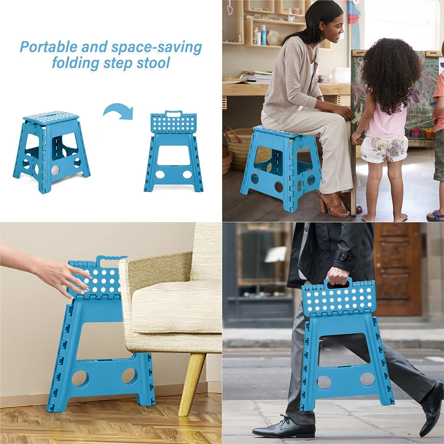 2 Pack Folding Step Stool with Portable Carrying Handle Safe Enough, 300 lbs capacity, Blue - Bosonshop