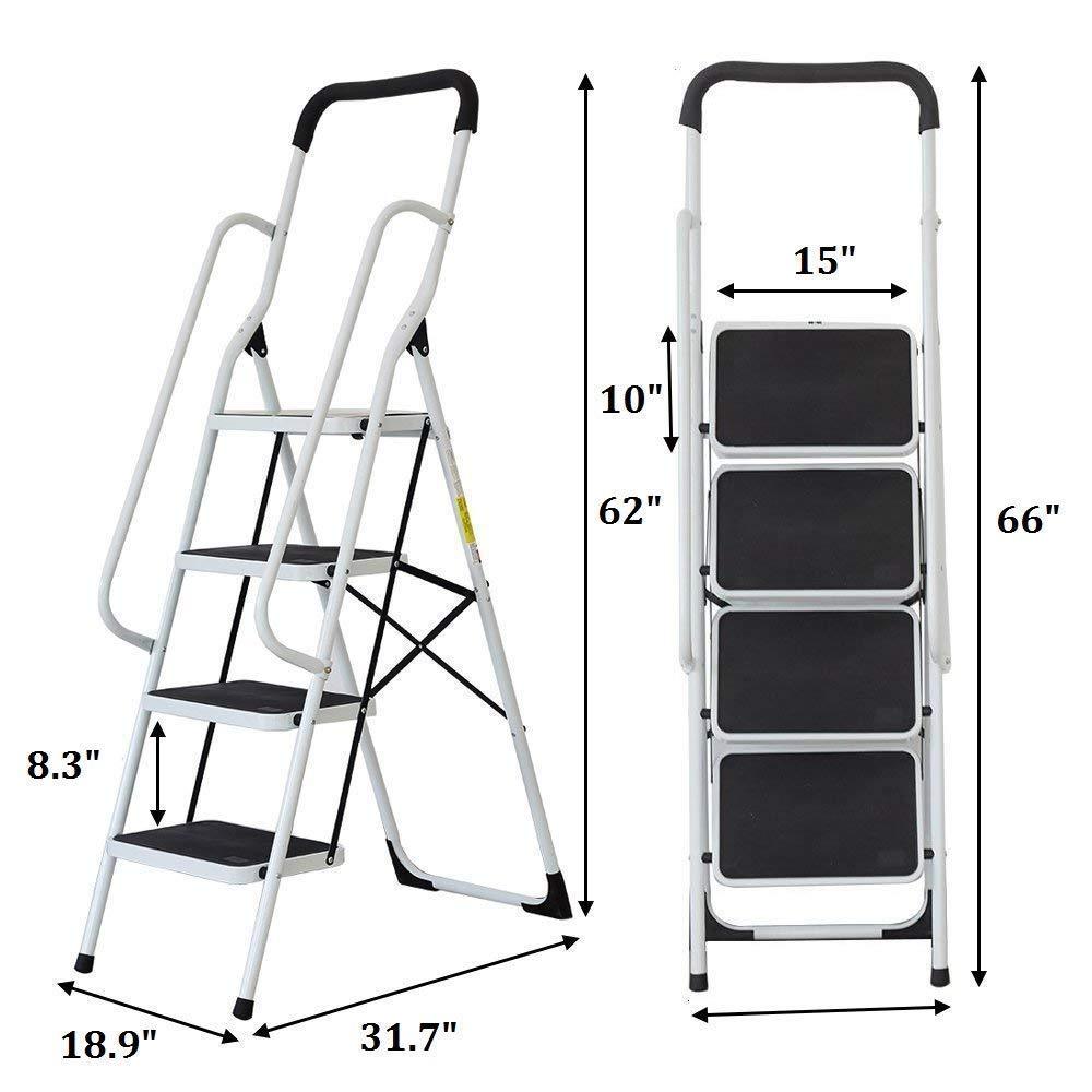 4 Steps Ladder Folding Step Stool With Hand Grip Non-Slip Safety Rails