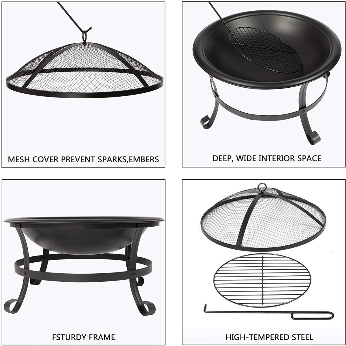 22-Inch Outdoor Wood-Burning BBQ Grill Fire Pit with Round Mesh Spark